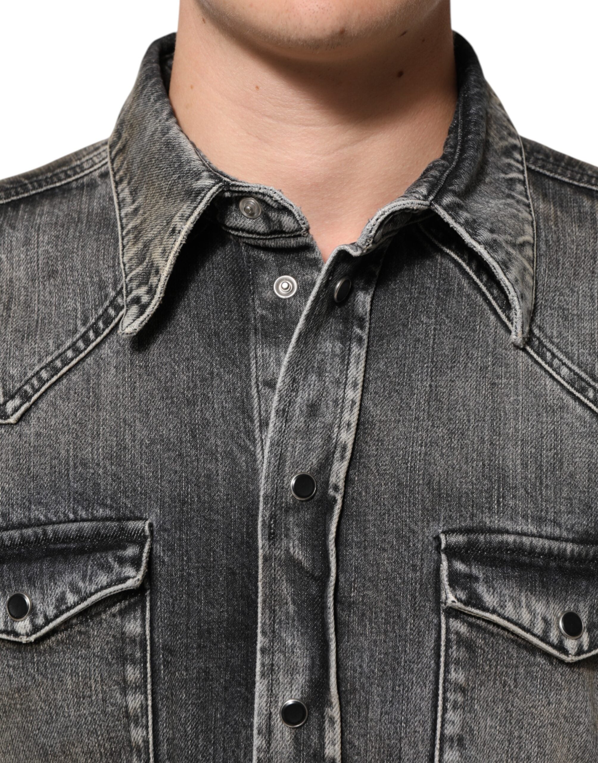 Black Washed Cotton Snap Long Sleeve Casual Shirt - ventzia