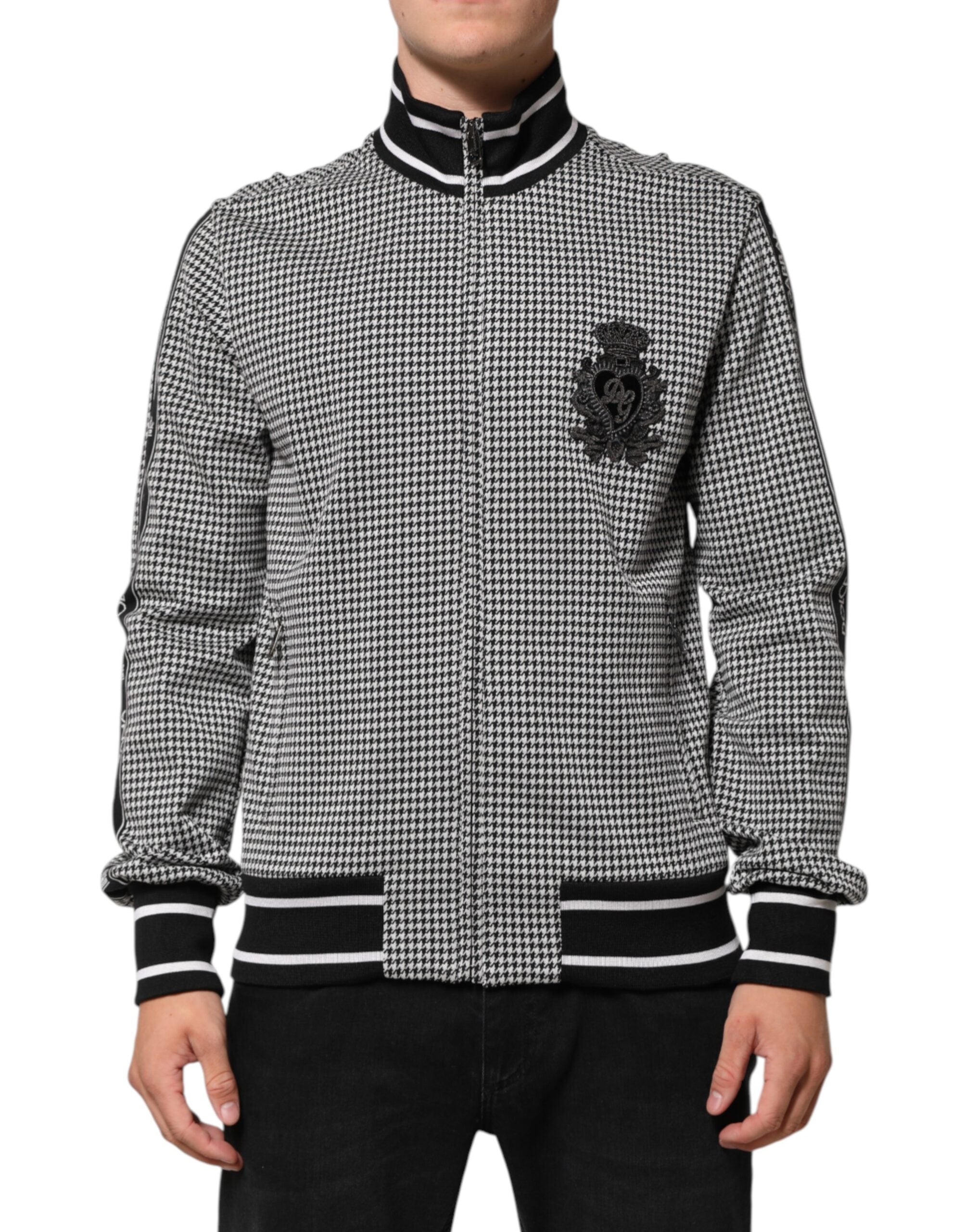 Black White Houndstooth Wool Crest Jacket Sweater - ventzia
