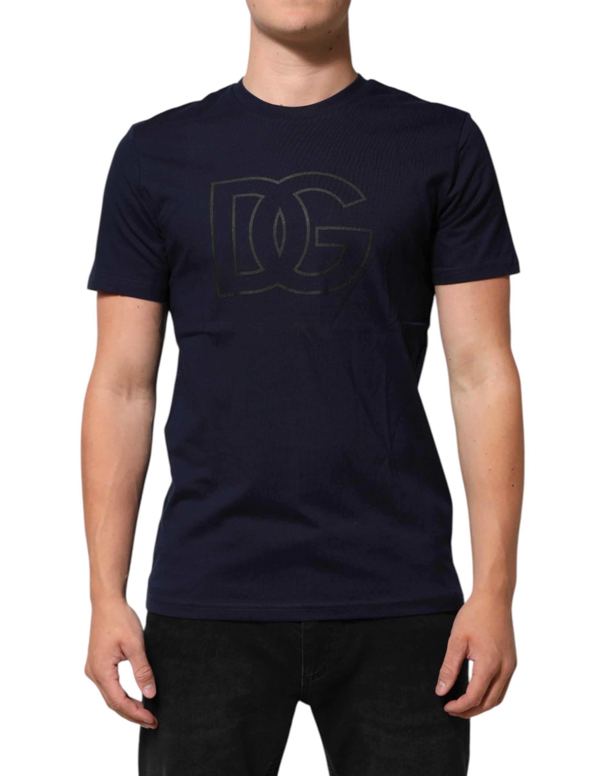 Dark Blue Cotton DG Logo Print Men’s Top T-shirt - ventzia