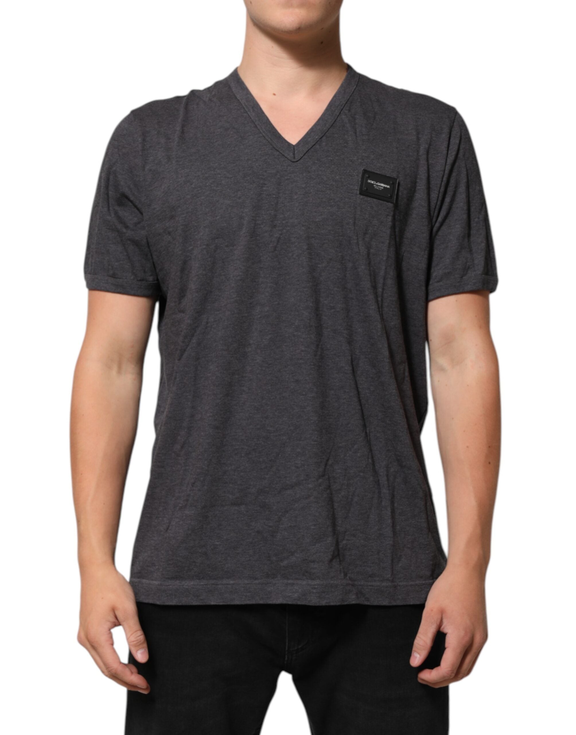Grey Cotton V-Neck Logo Plaque Melange T-Shirt - ventzia