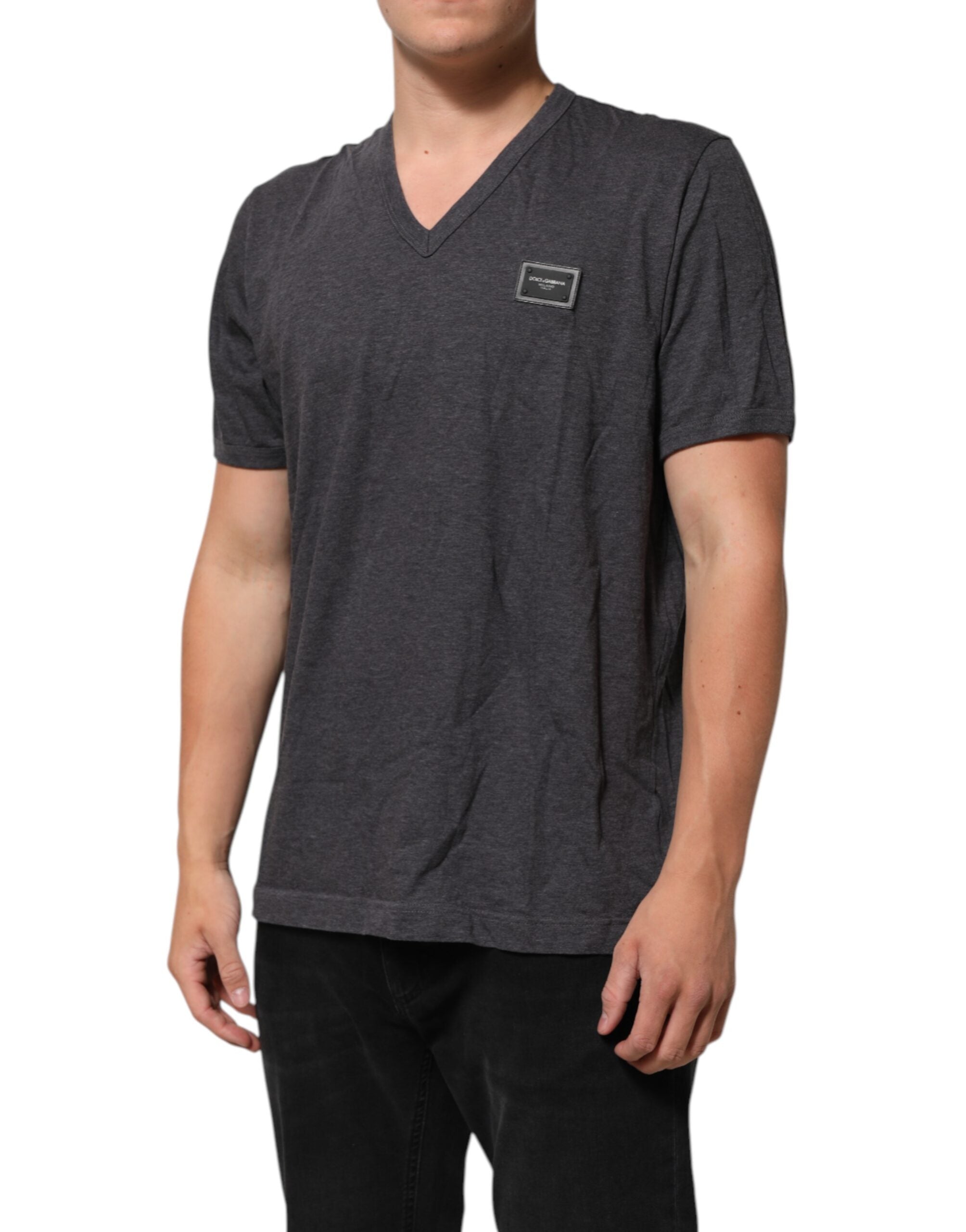 Grey Cotton V-Neck Logo Plaque Melange T-Shirt - ventzia