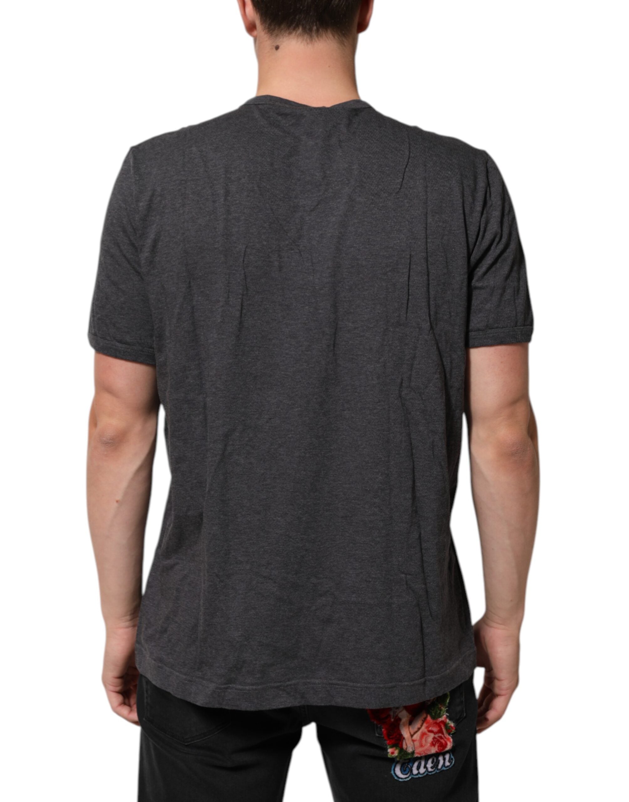 Grey Cotton V-Neck Logo Plaque Melange T-Shirt - ventzia