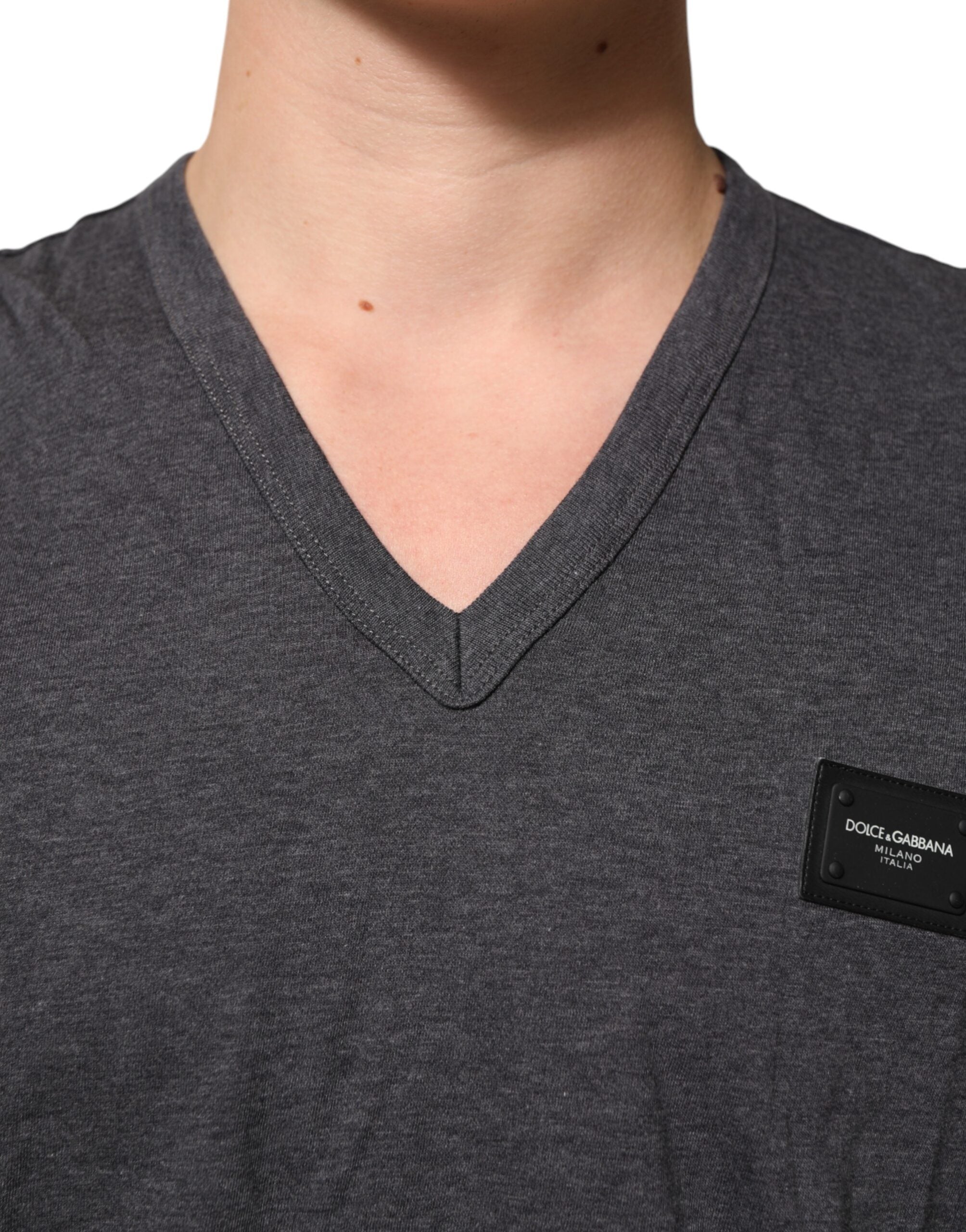 Grey Cotton V-Neck Logo Plaque Melange T-Shirt - ventzia