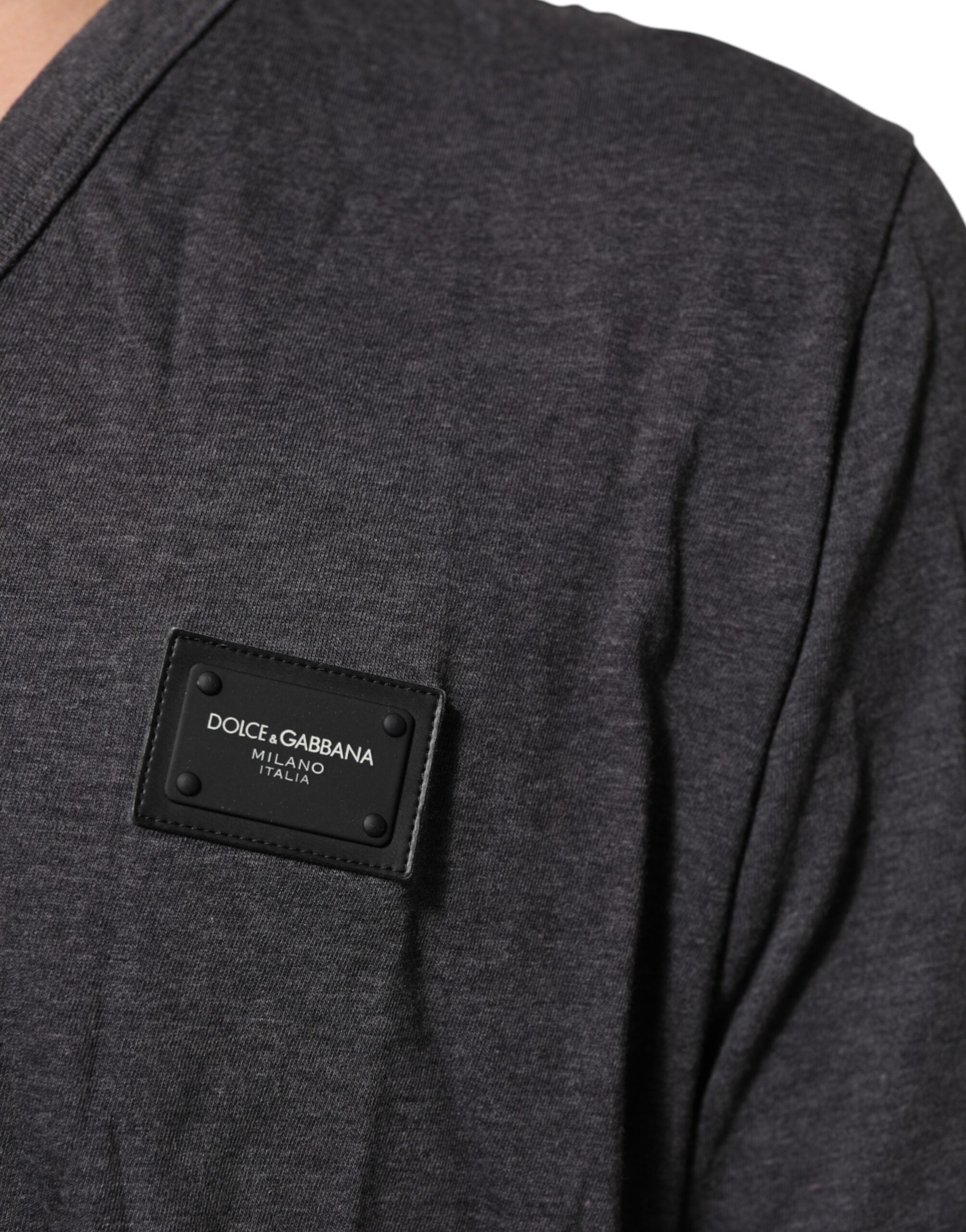 Grey Cotton V-Neck Logo Plaque Melange T-Shirt - ventzia