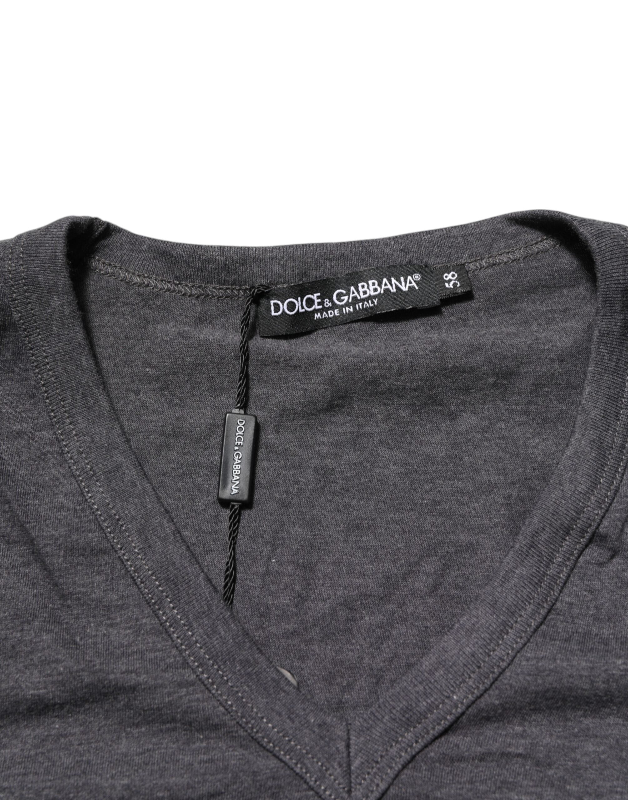 Grey Cotton V-Neck Logo Plaque Melange T-Shirt - ventzia