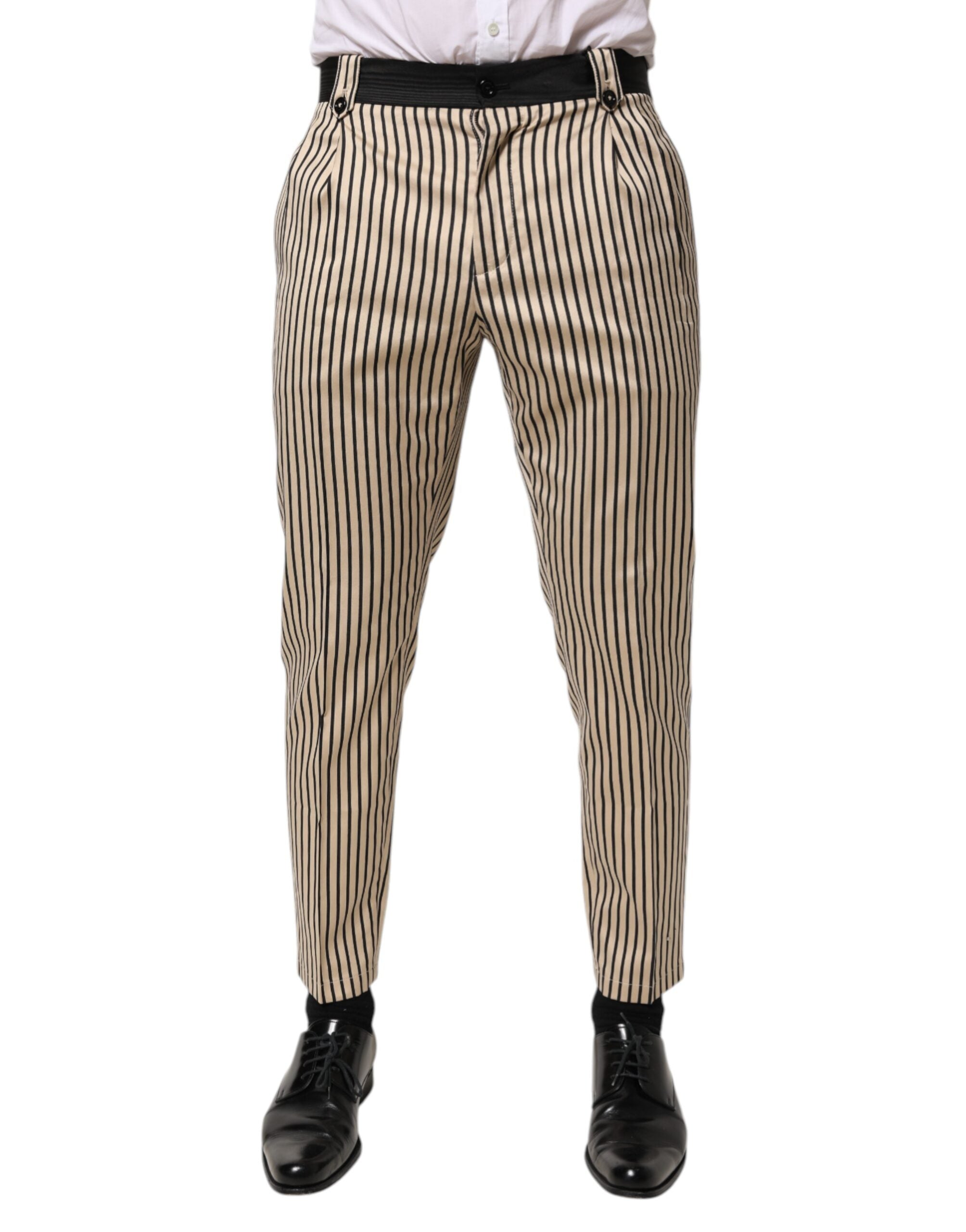 Beige Black Striped Cotton Slim Fit Trousers Pants - ventzia