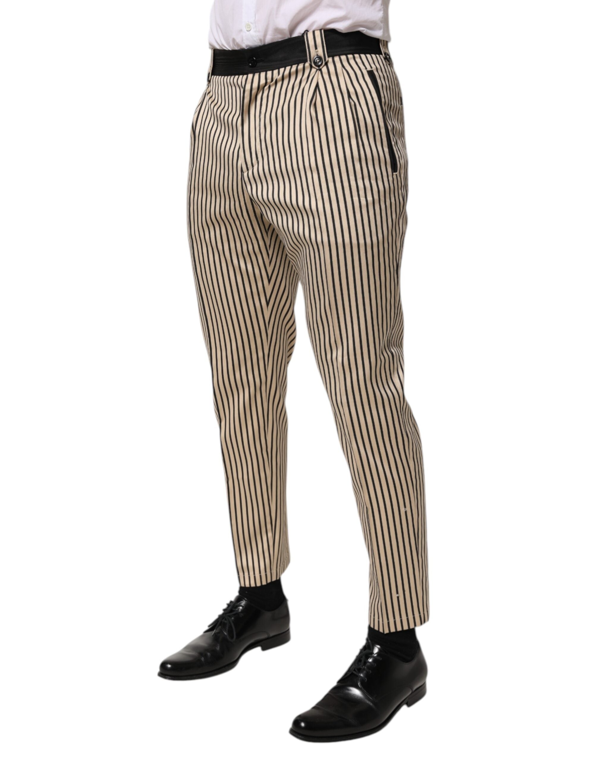 Beige Black Striped Cotton Slim Fit Trousers Pants - ventzia