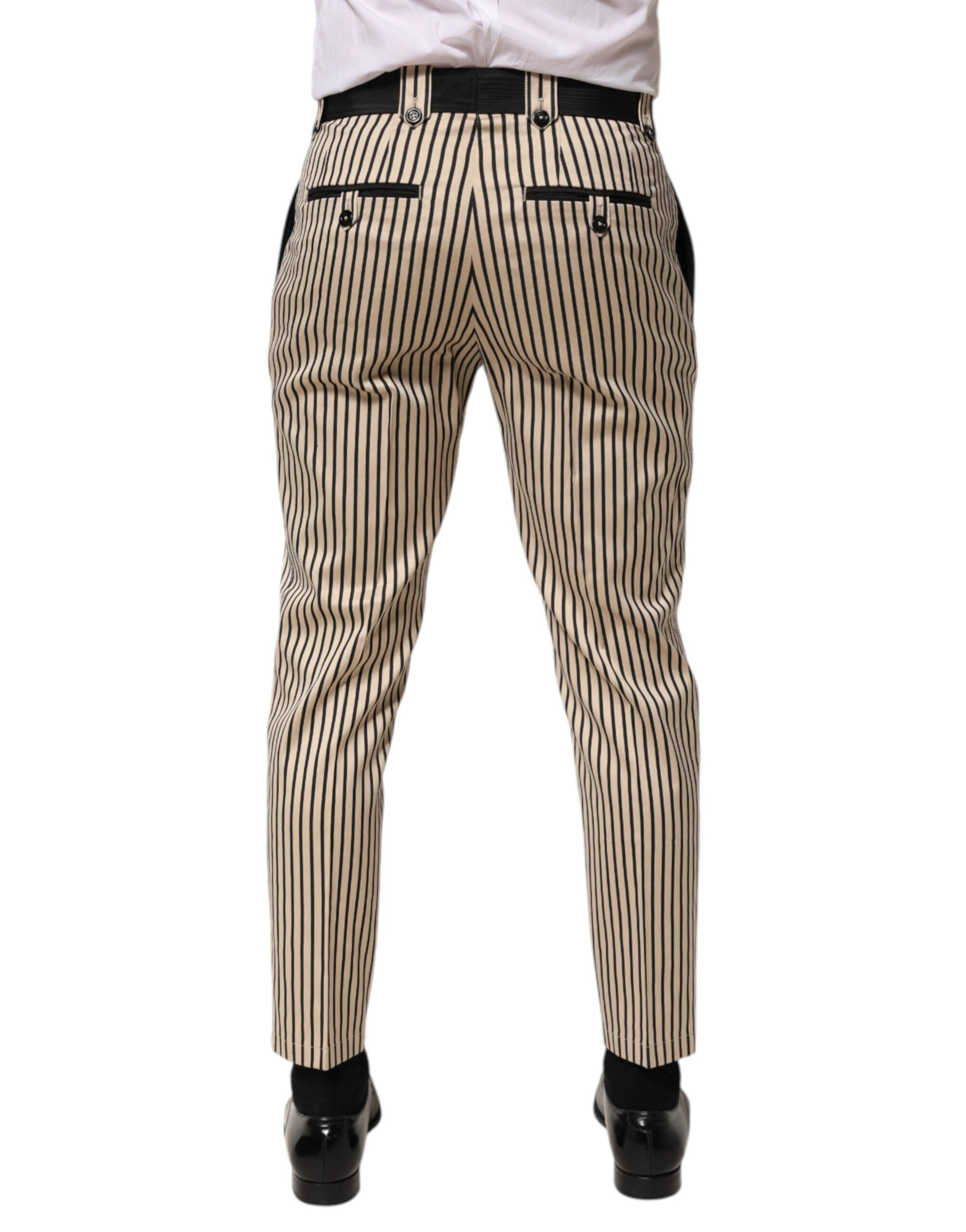 Beige Black Striped Cotton Slim Fit Trousers Pants - ventzia