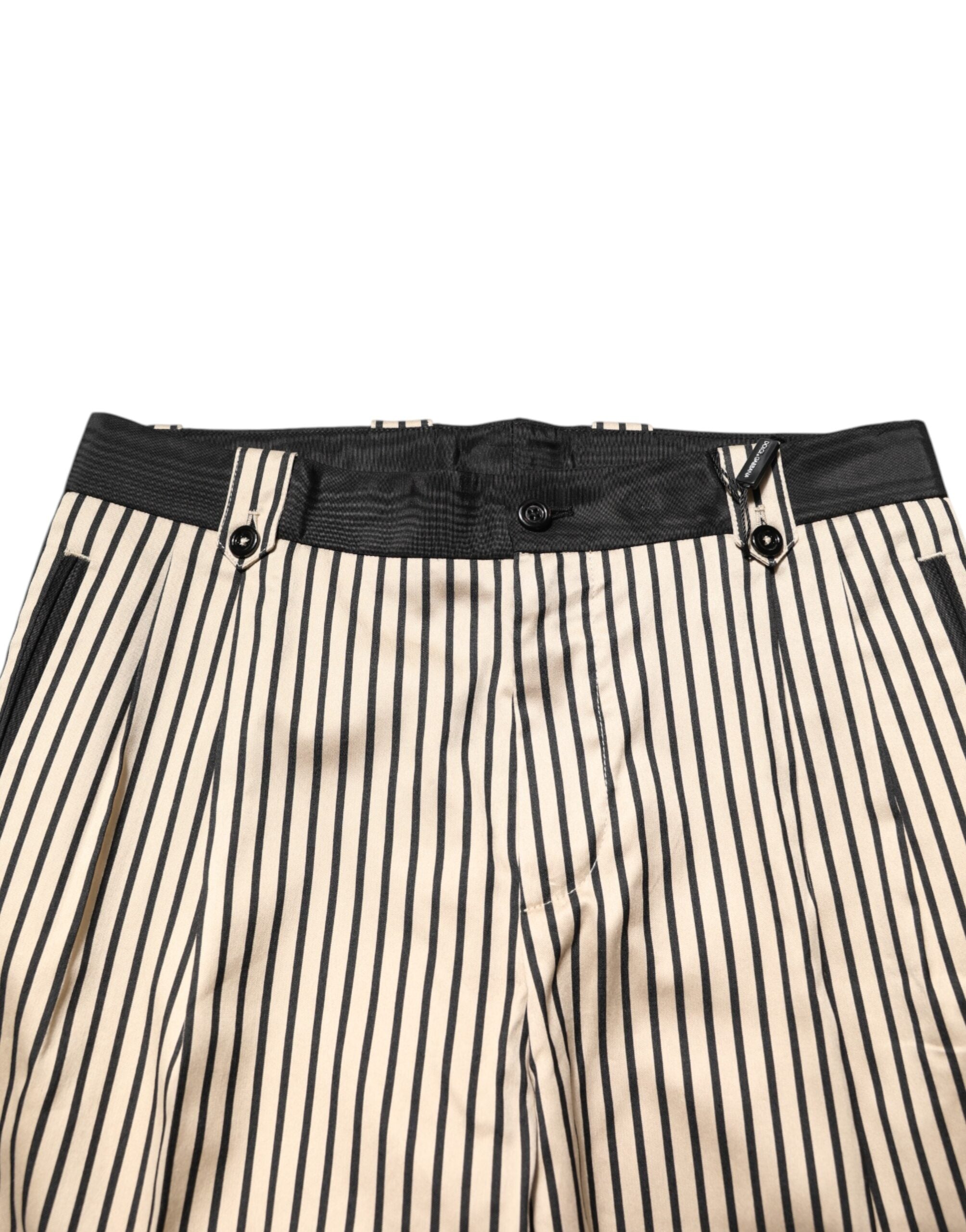 Beige Black Striped Cotton Slim Fit Trousers Pants - ventzia