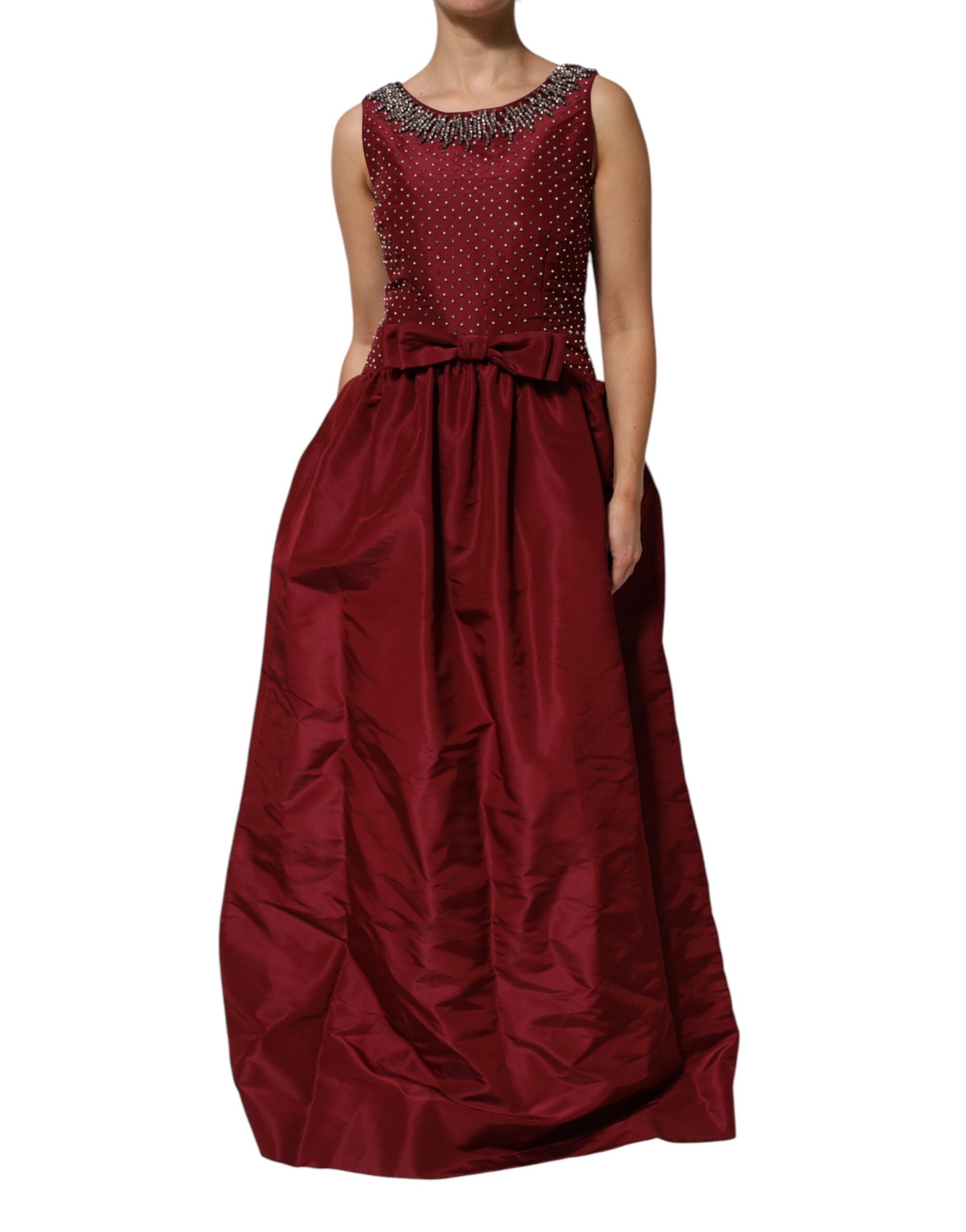 Burgundy Silk Beaded Evening Gown Dress - ventzia