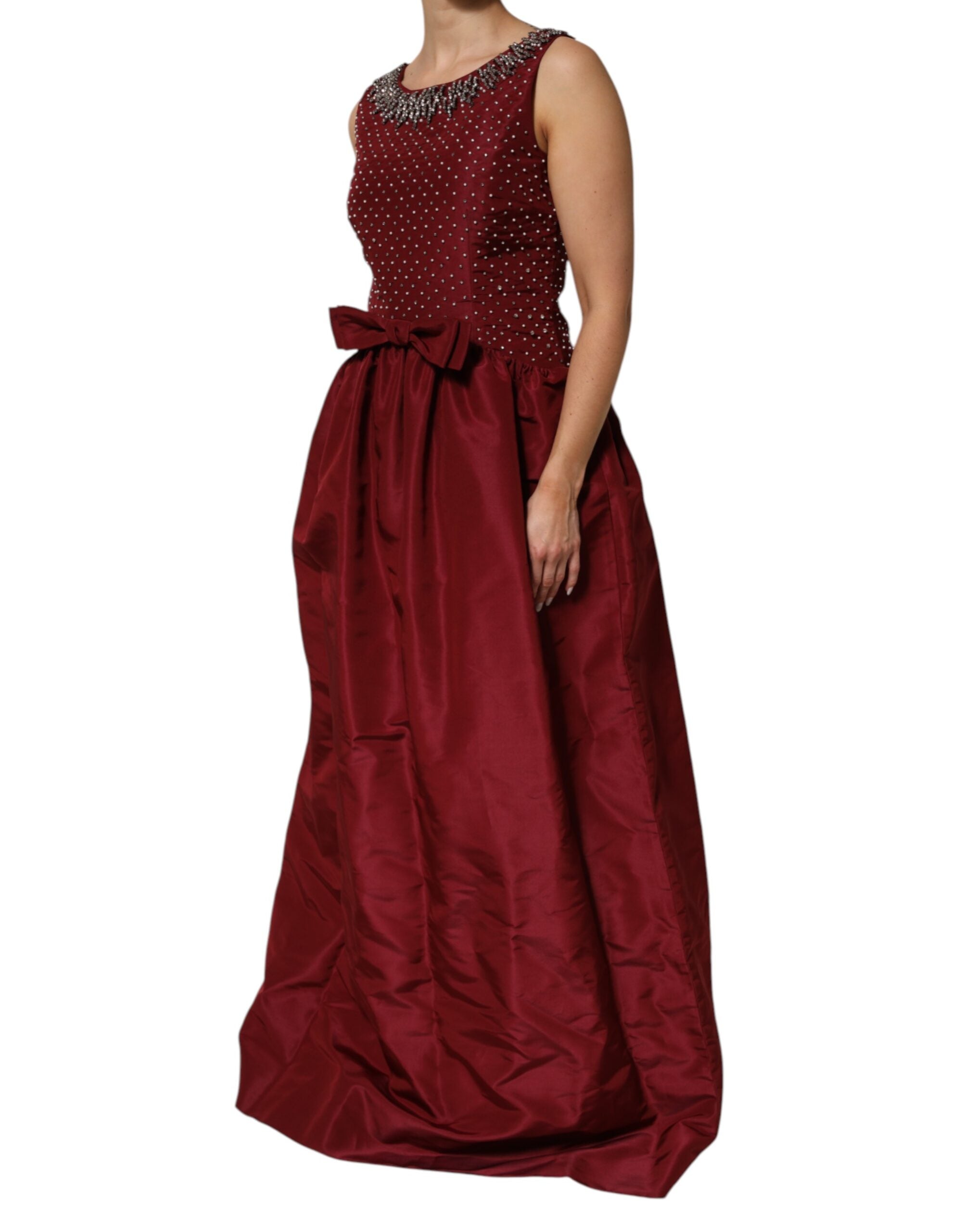 Burgundy Silk Beaded Evening Gown Dress - ventzia