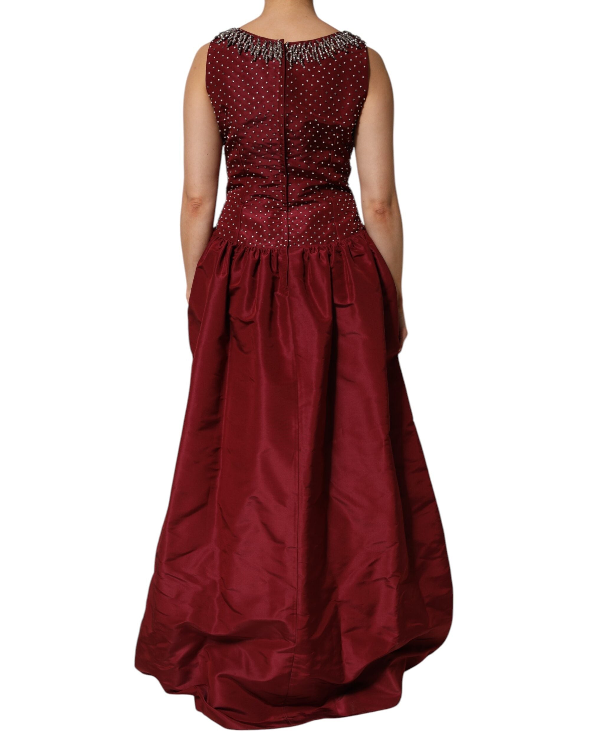 Burgundy Silk Beaded Evening Gown Dress - ventzia