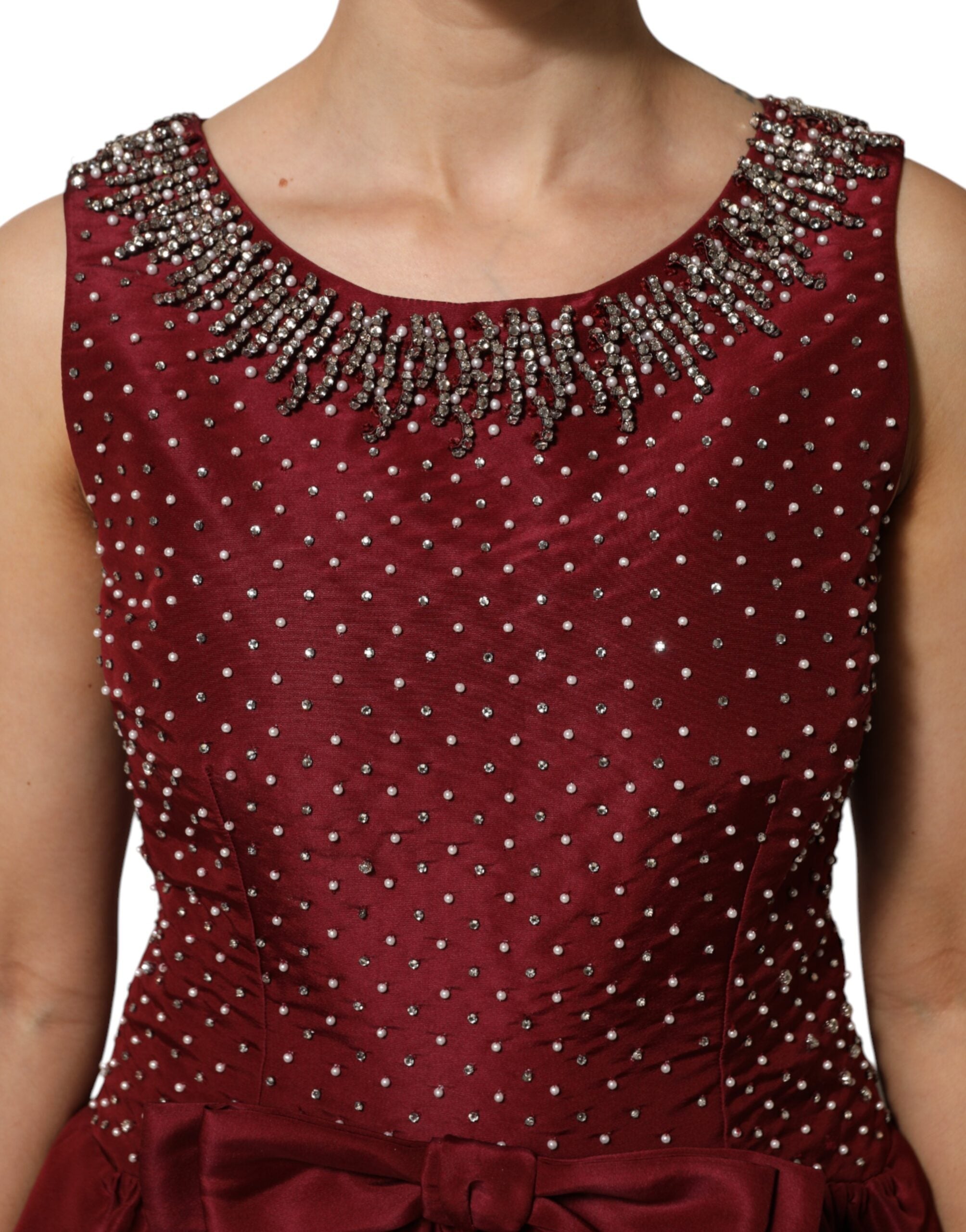 Burgundy Silk Beaded Evening Gown Dress - ventzia