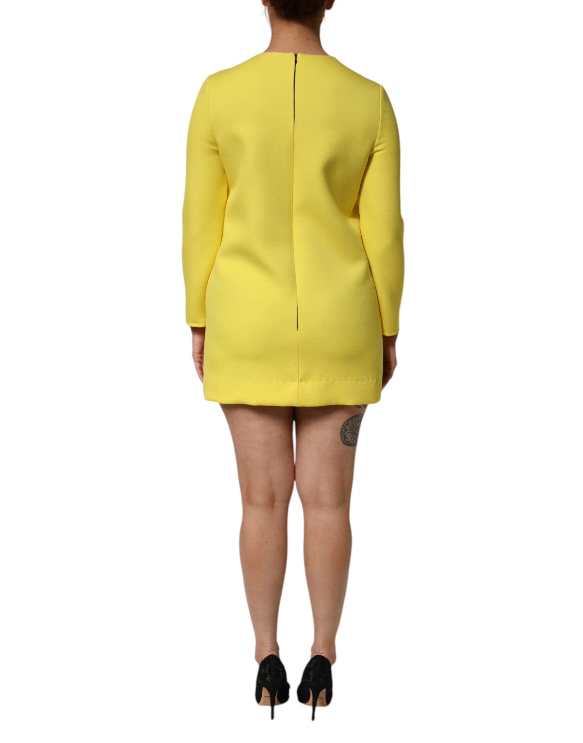 Yellow Viscose Acetate Mini Long Sleeve Dress - ventzia