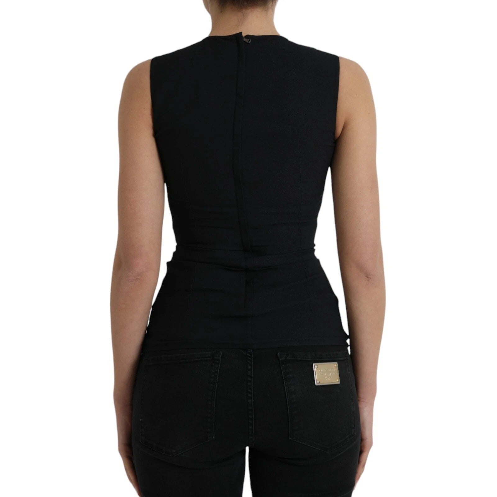 Black Floral Viscose Round Neck Tank Top - ventzia