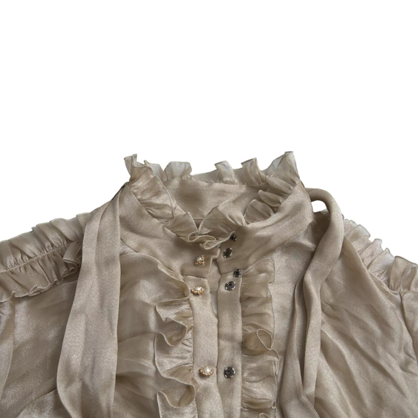 Gold Ascot Collar Ruffles Blouse Top - ventzia