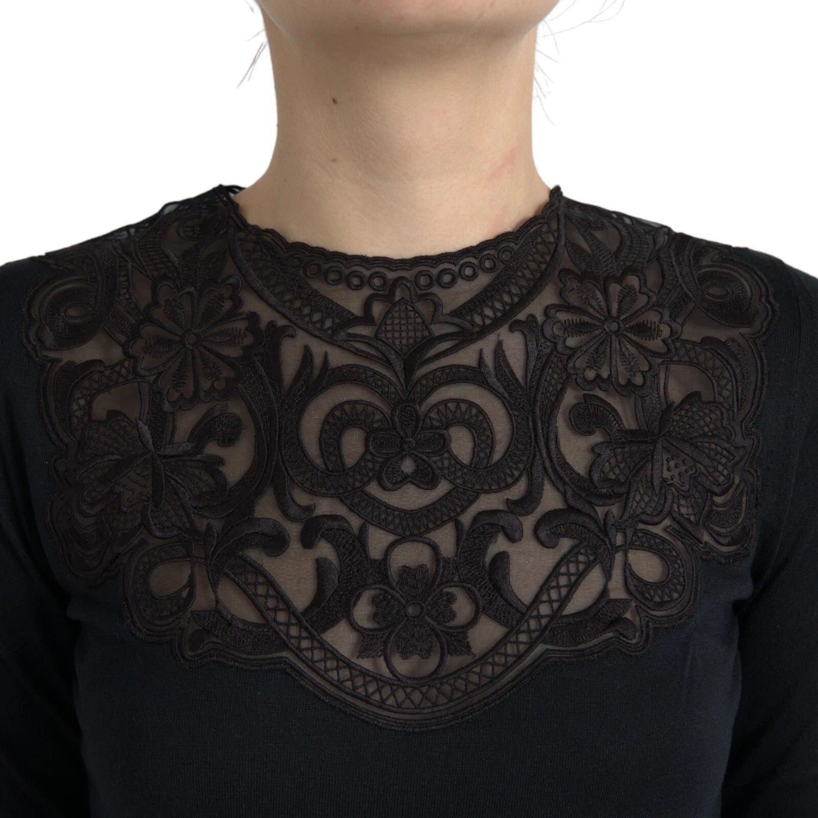 Black Silk Lace Trim Long Sleeves Blouse Top - ventzia