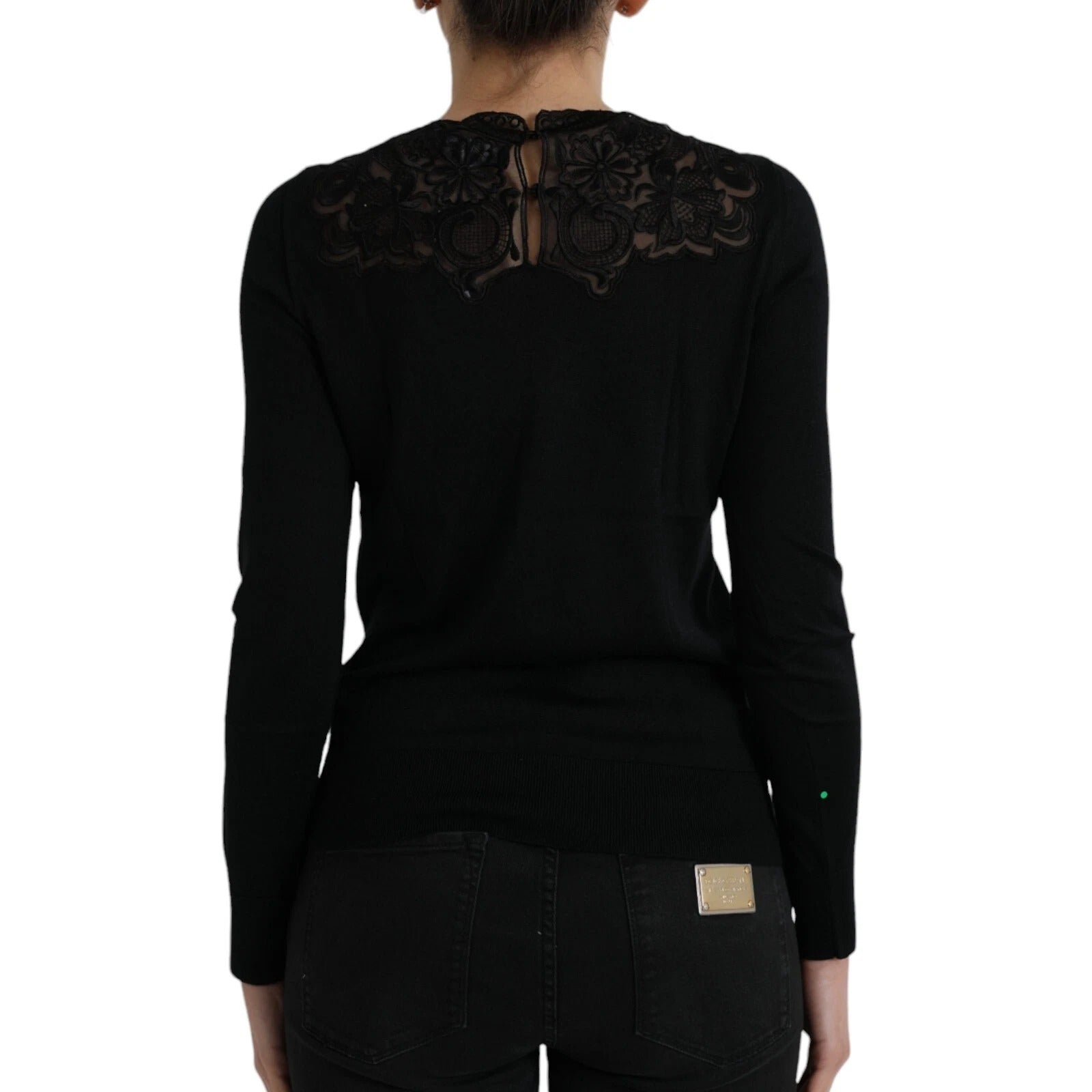 Black Silk Lace Trim Long Sleeves Blouse Top - ventzia