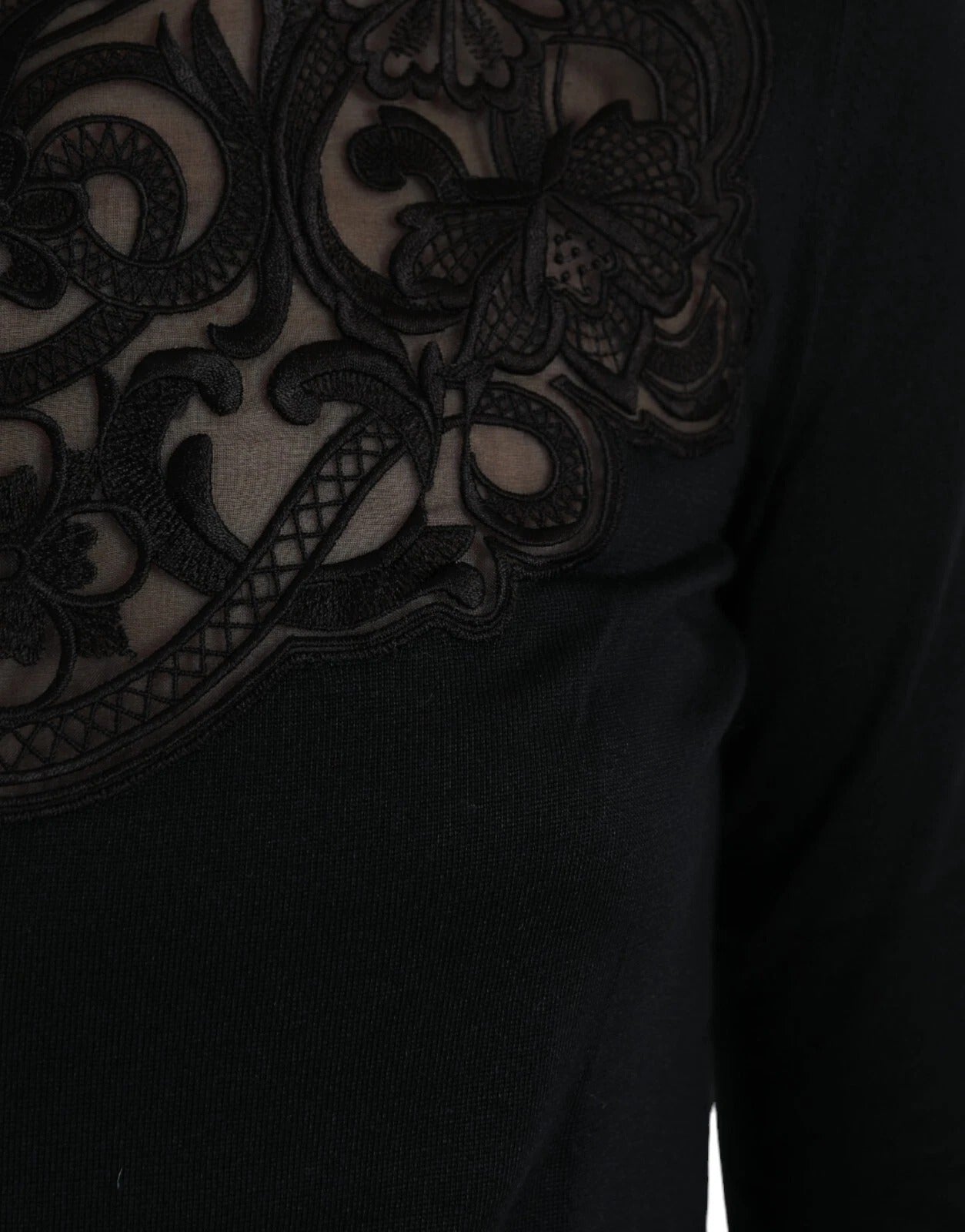 Black Silk Lace Trim Long Sleeves Blouse Top - ventzia