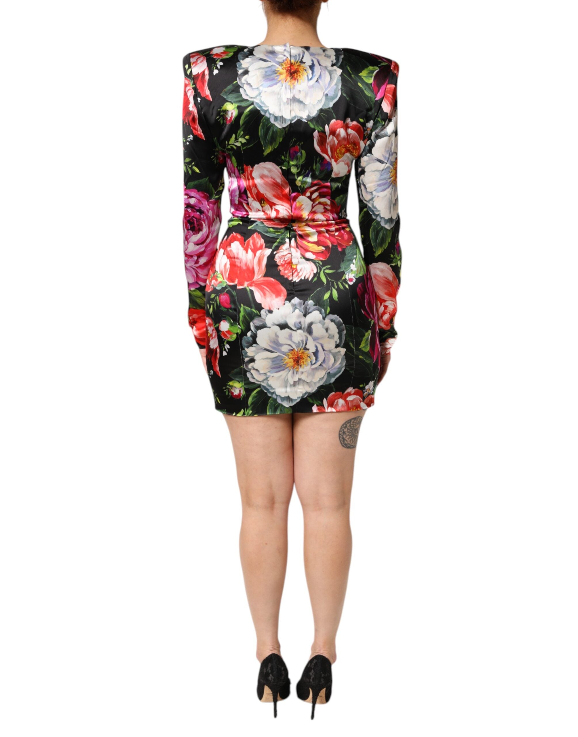 Black Floral Fiori Pittorici Mini Bodycon Dress - ventzia