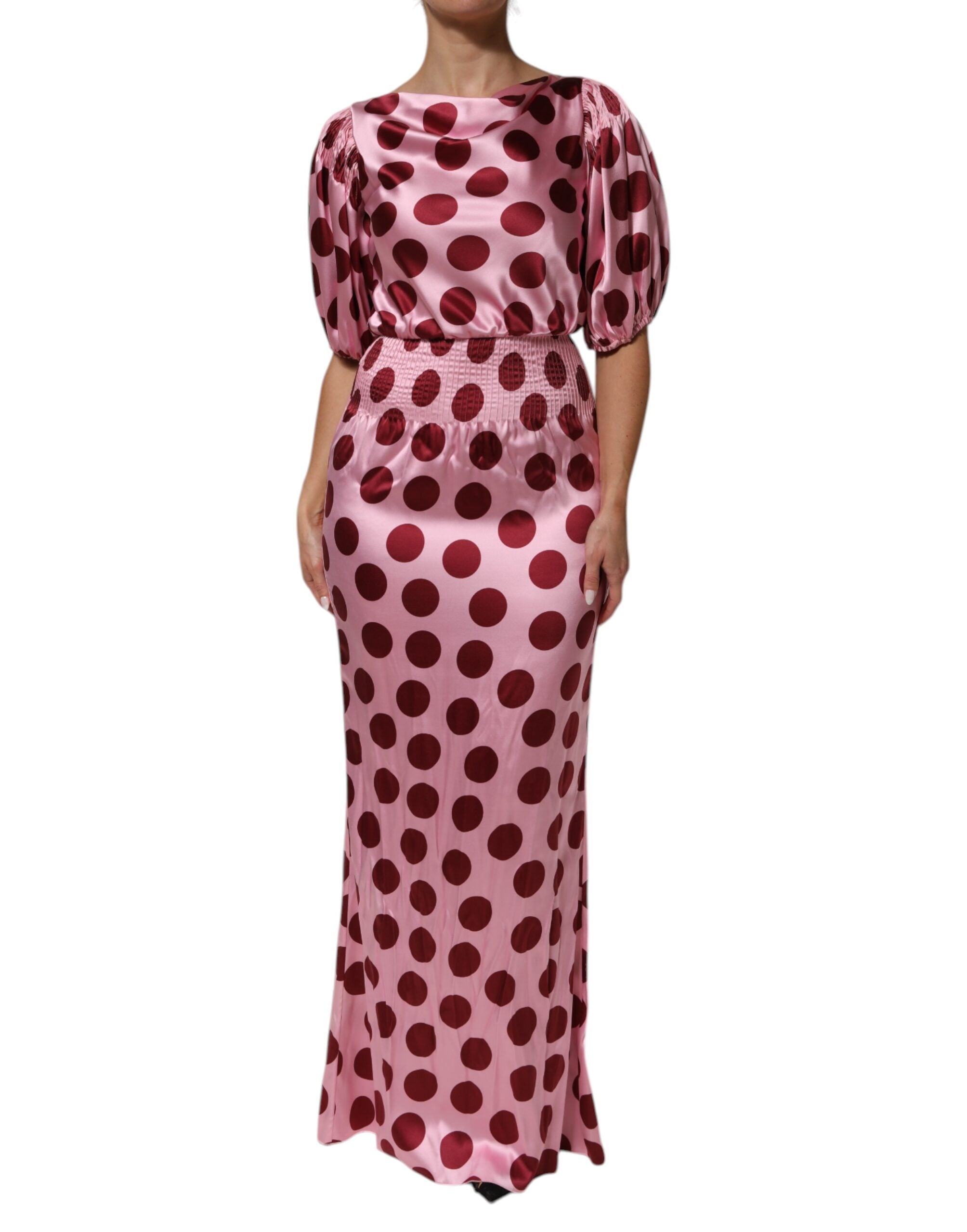 Pink Red Polka Dot Silk Satin Maxi Gown Dress - ventzia