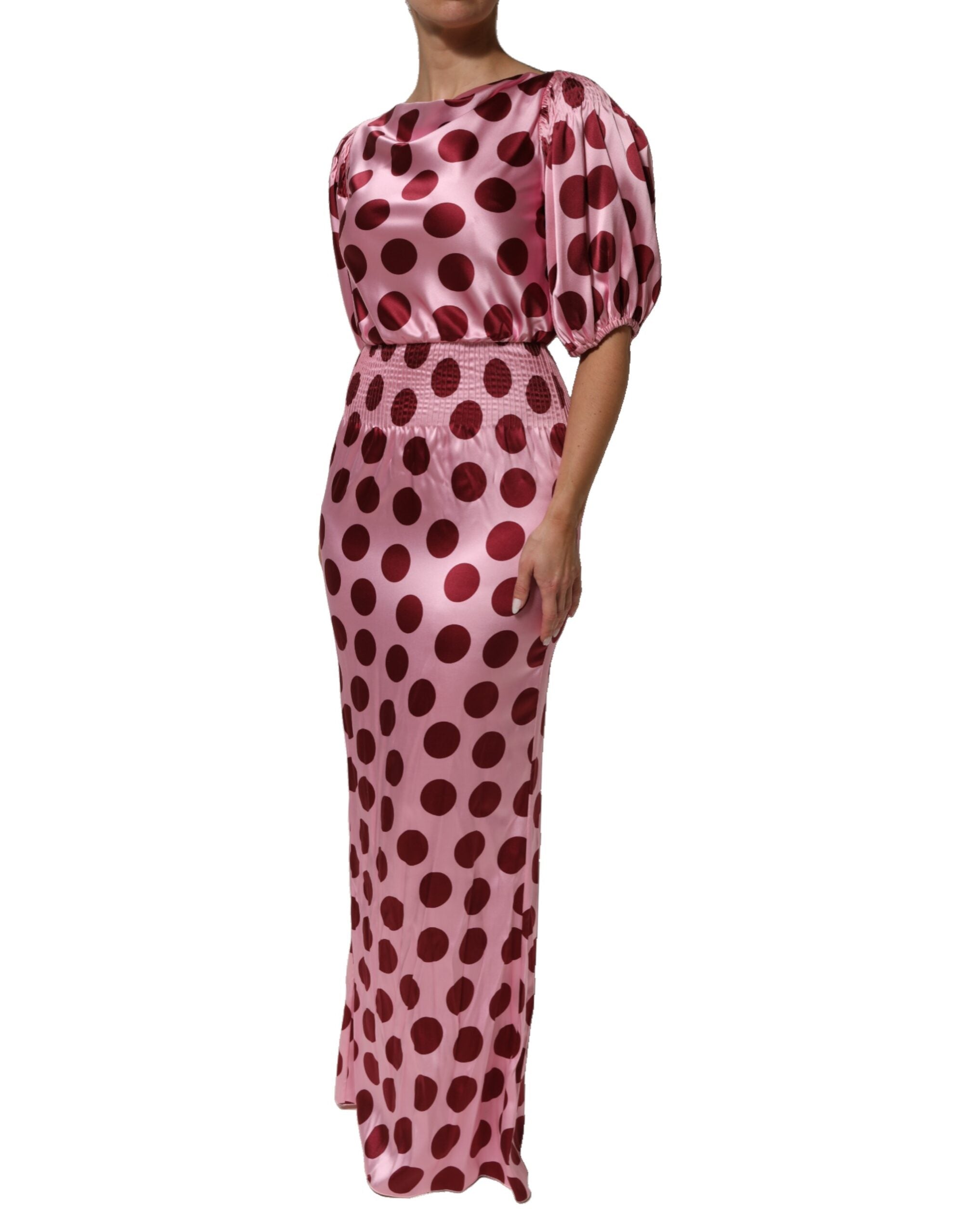 Pink Red Polka Dot Silk Satin Maxi Gown Dress - ventzia