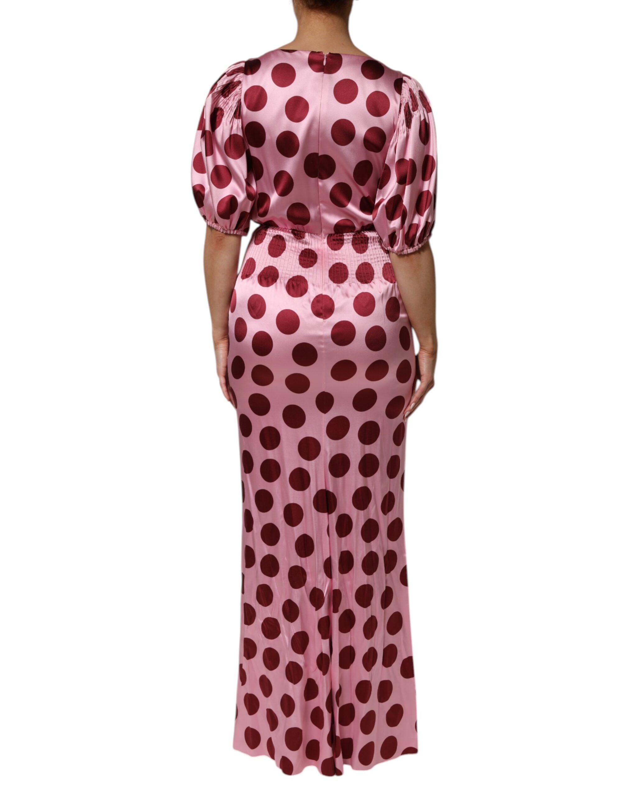 Pink Red Polka Dot Silk Satin Maxi Gown Dress - ventzia
