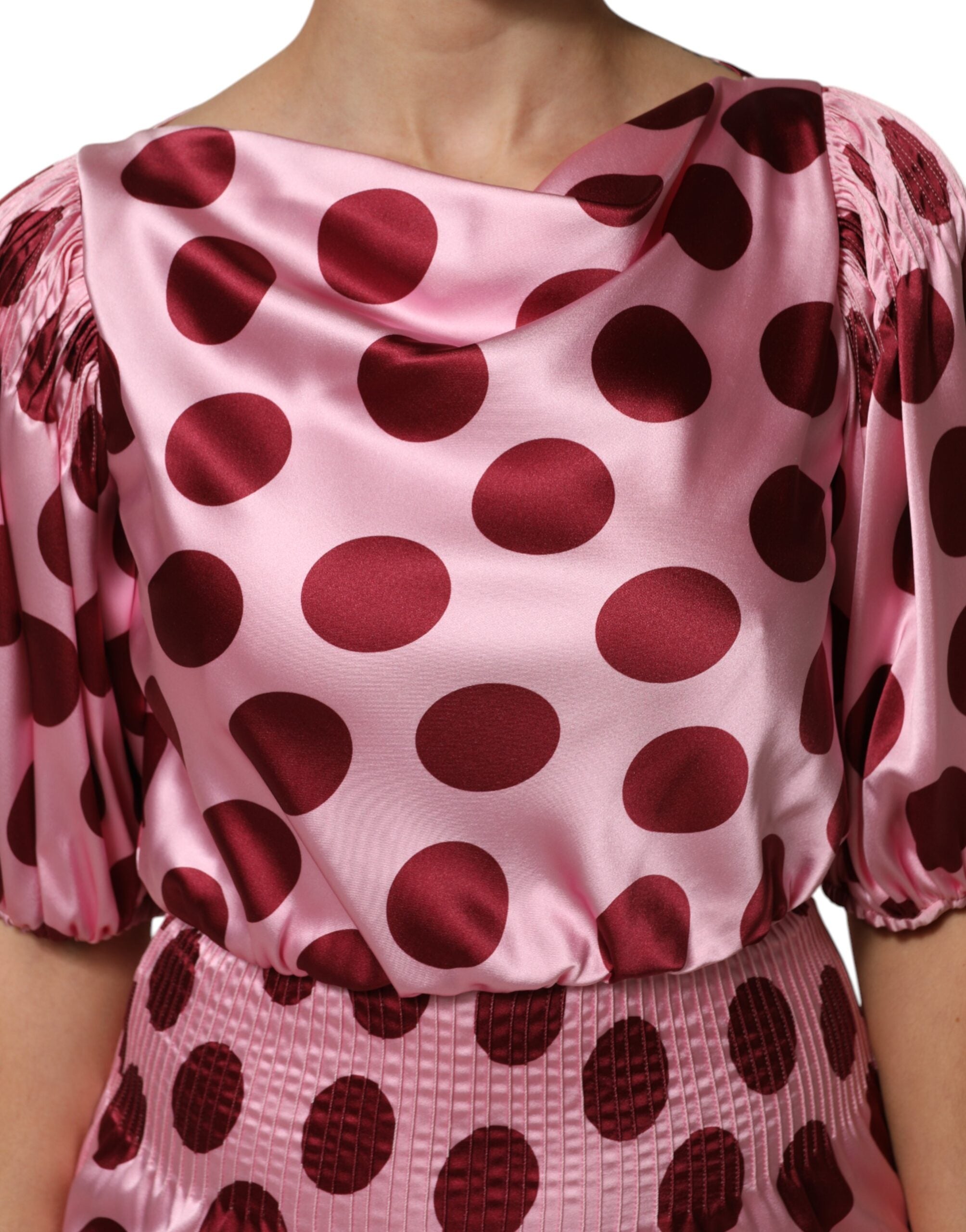 Pink Red Polka Dot Silk Satin Maxi Gown Dress - ventzia