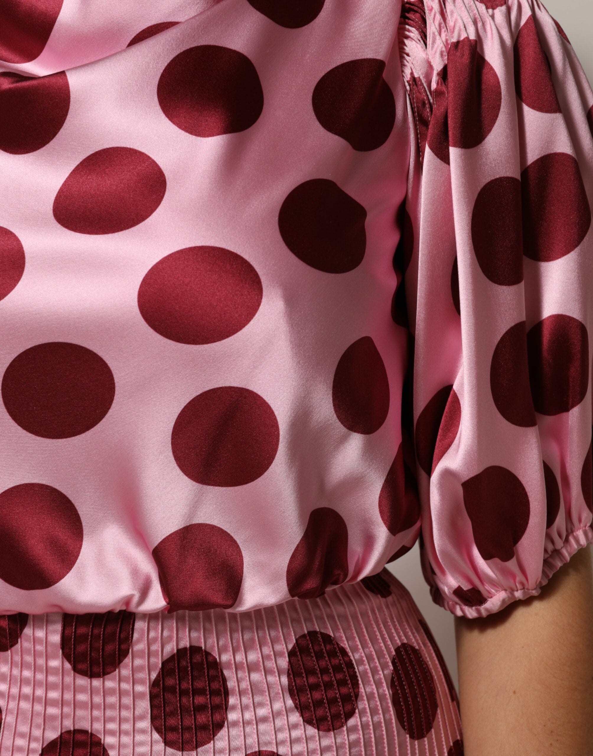 Pink Red Polka Dot Silk Satin Maxi Gown Dress - ventzia