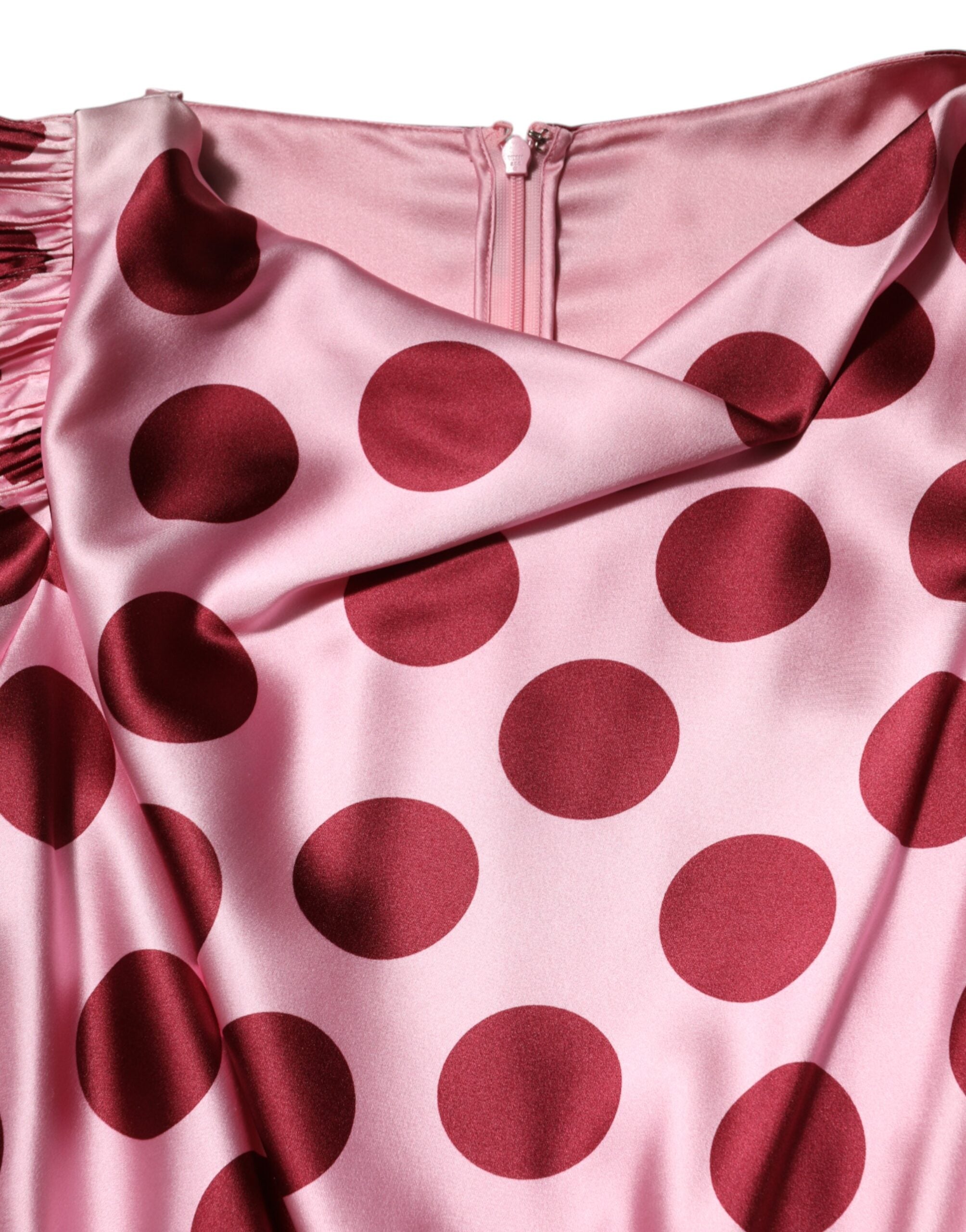 Pink Red Polka Dot Silk Satin Maxi Gown Dress - ventzia