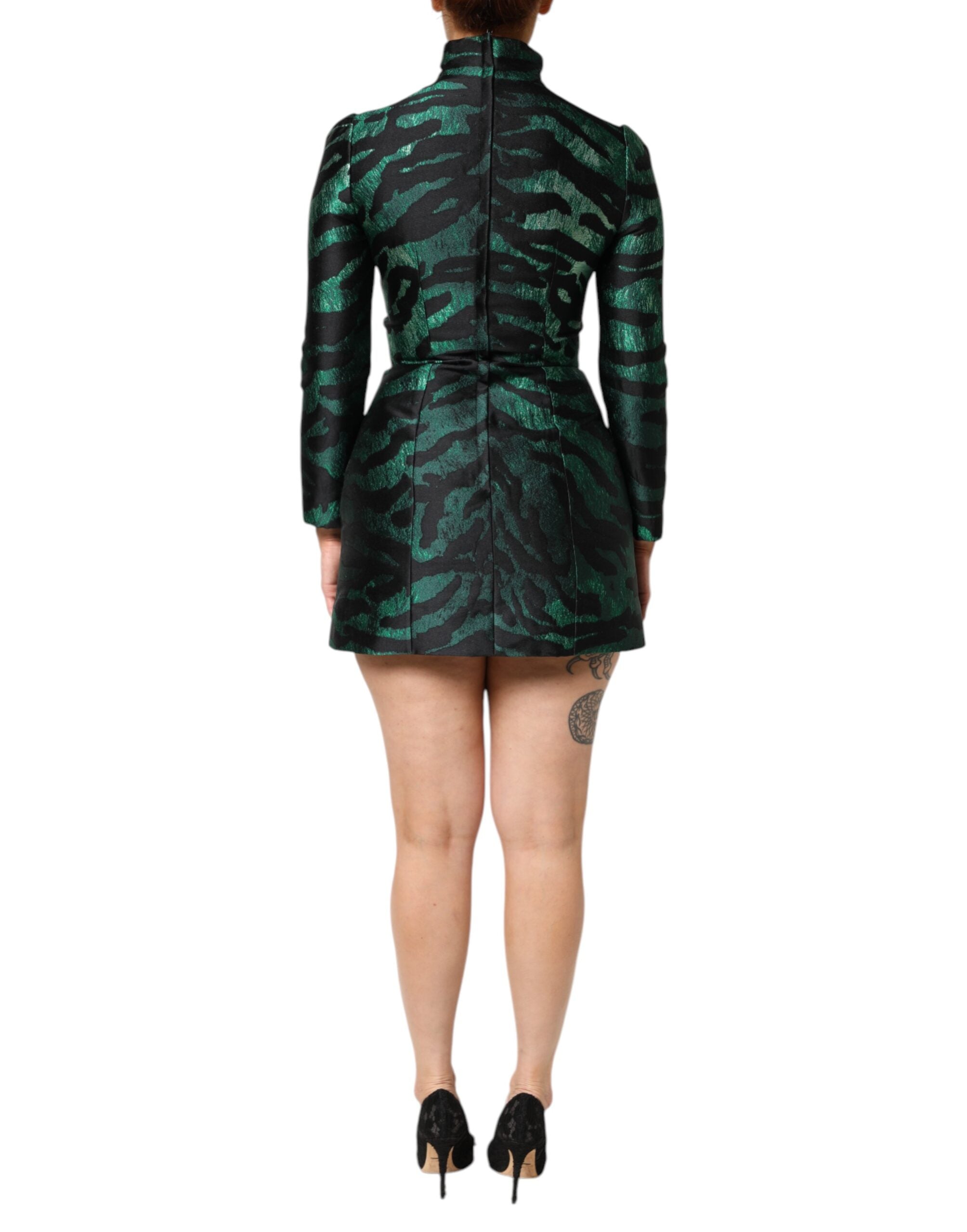 Black Green Metallic Jacquard Mini Long Dress - ventzia