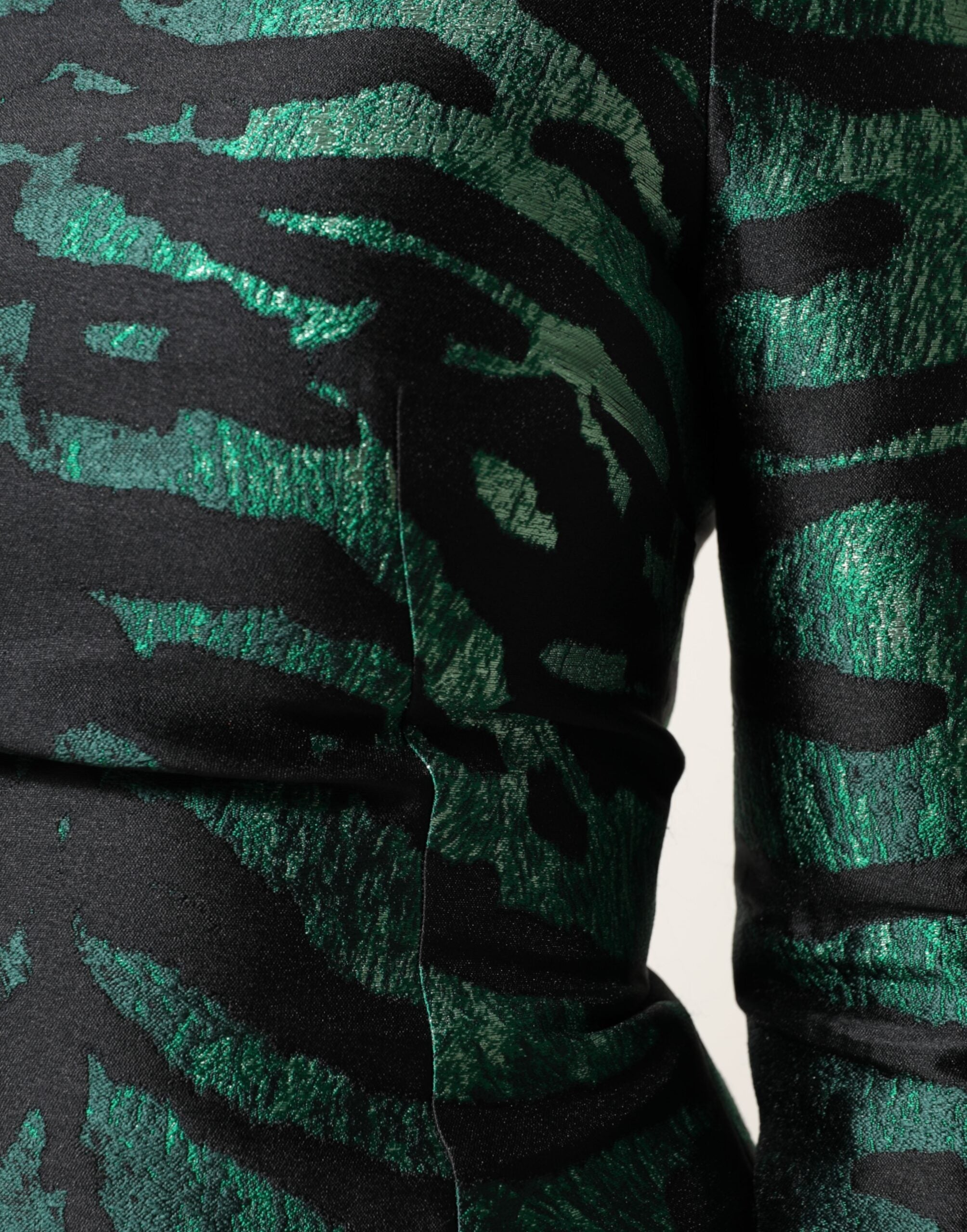 Black Green Metallic Jacquard Mini Long Dress - ventzia