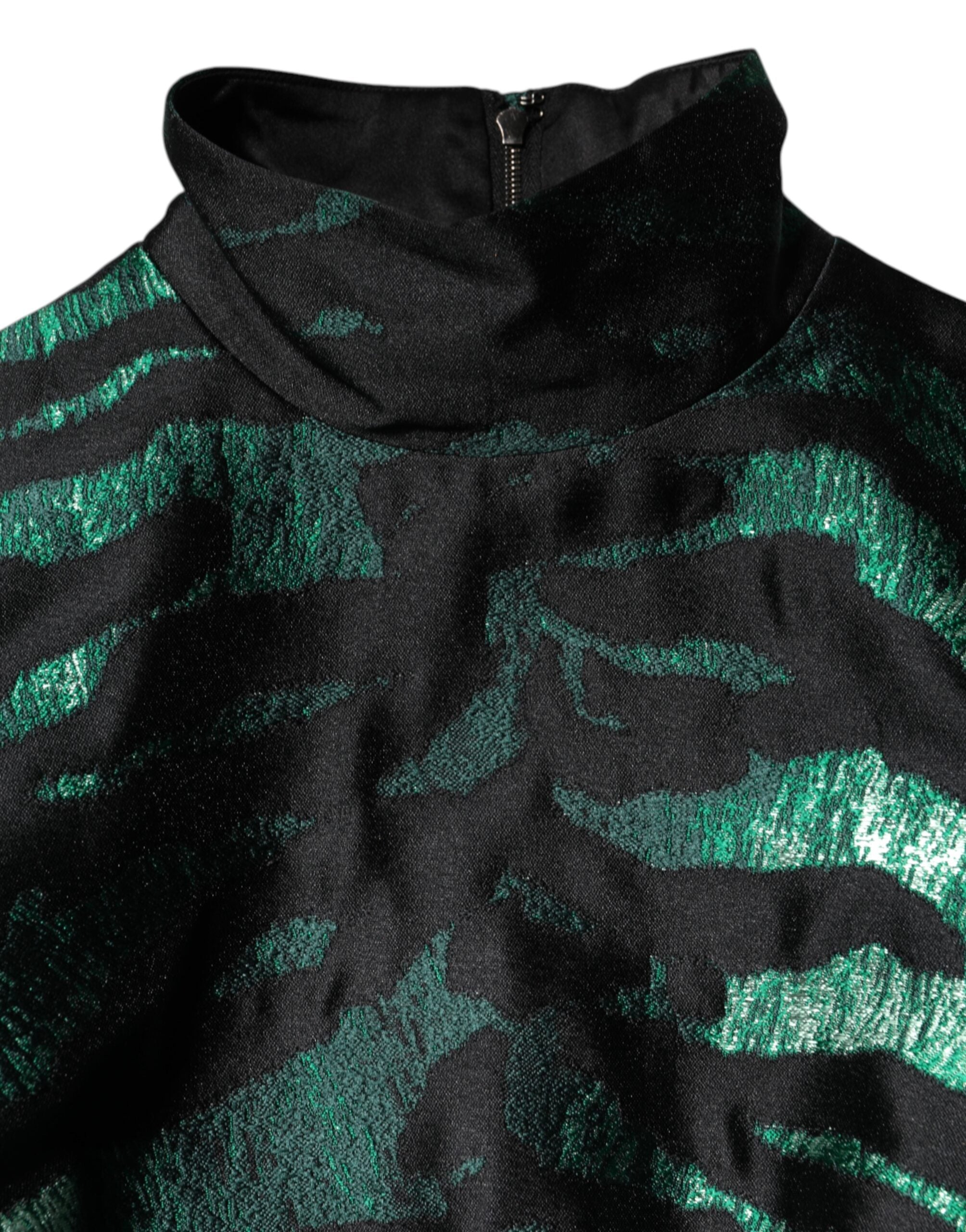 Black Green Metallic Jacquard Mini Long Dress - ventzia