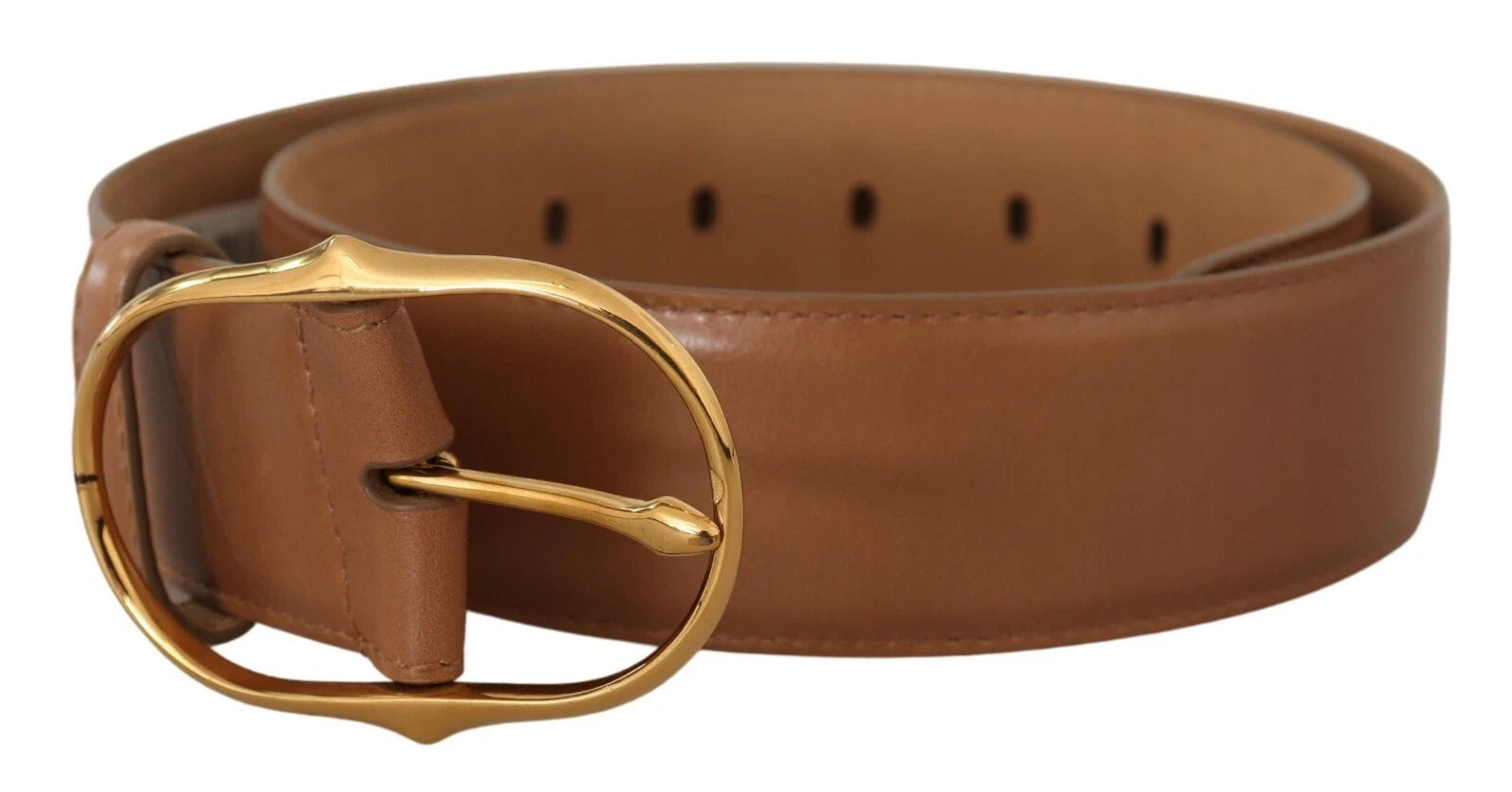 Brown Leather Gold Metal Oval Buckle Belt - ventzia