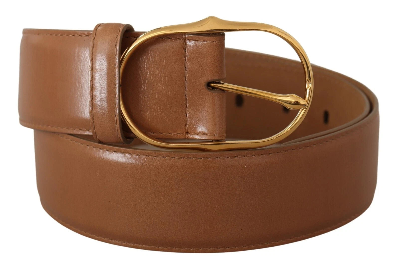 Brown Leather Gold Metal Oval Buckle Belt - ventzia