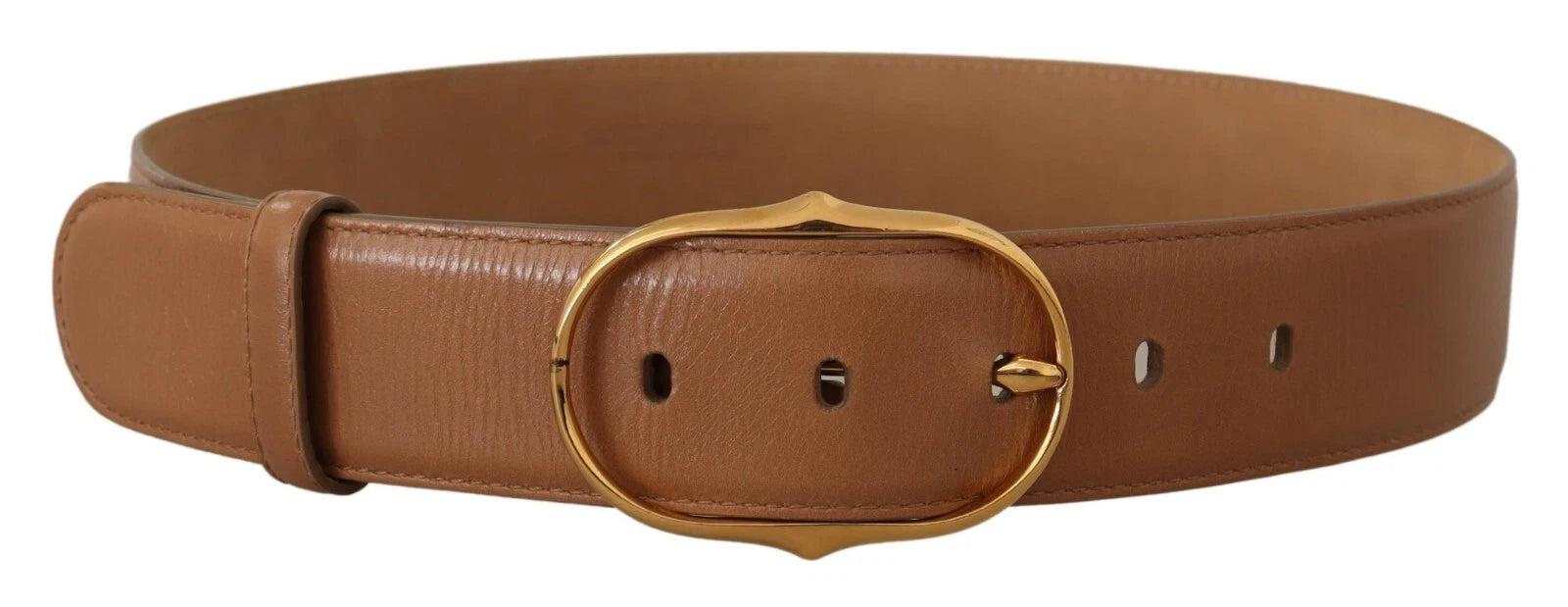 Brown Leather Gold Metal Oval Buckle Belt - ventzia