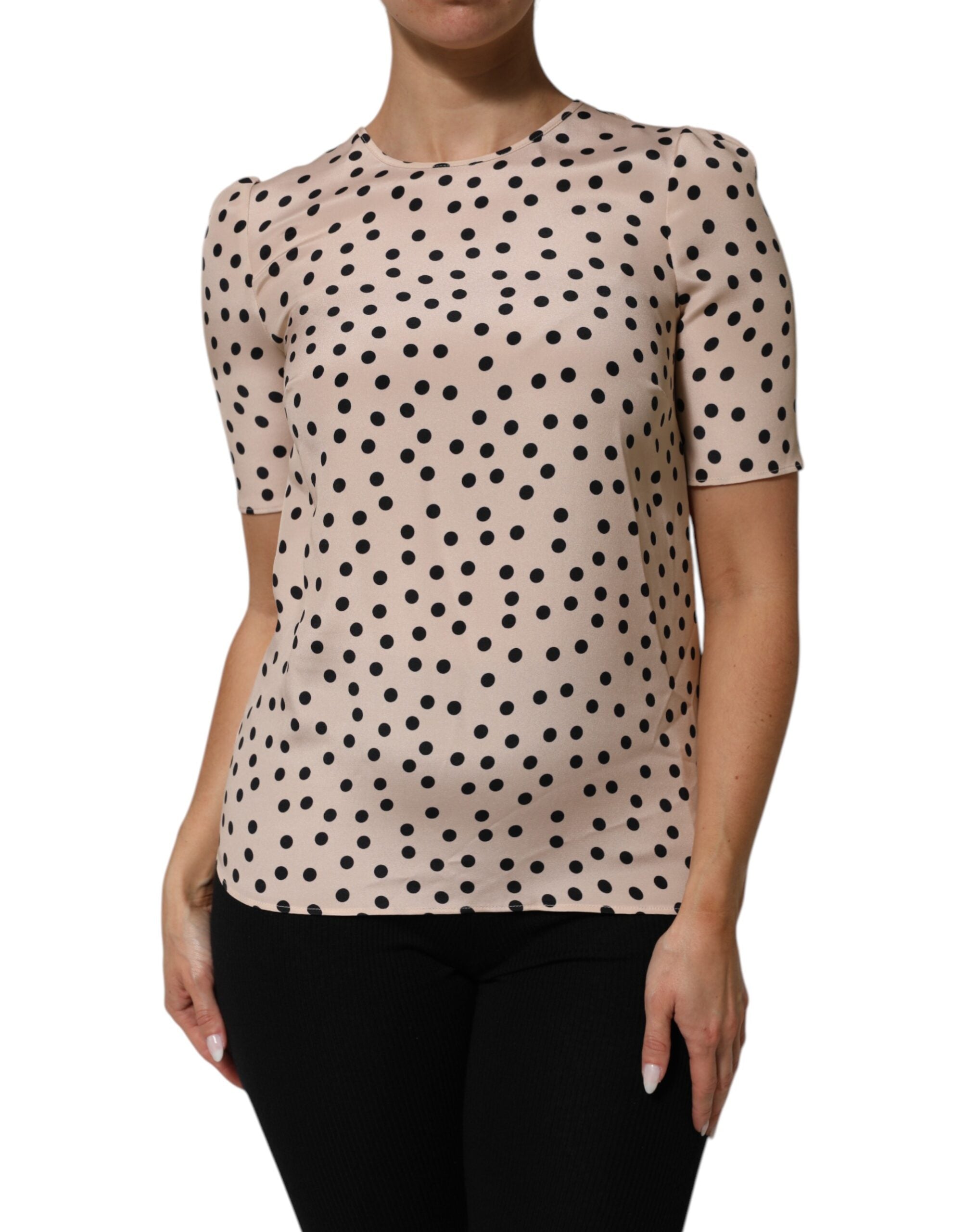 Beige Black Polka Dot Silk Short Sleeve Blouse Top - ventzia
