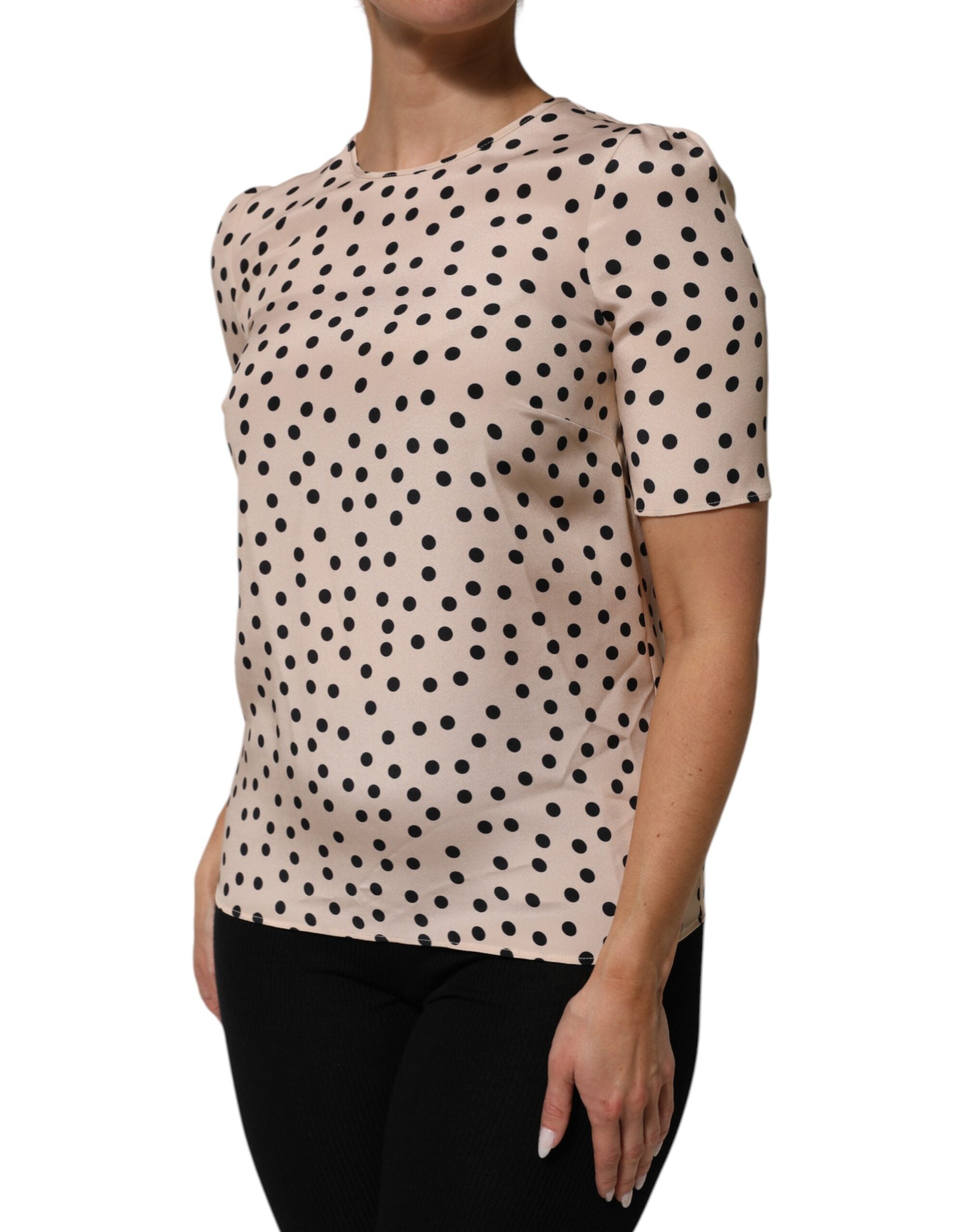Beige Black Polka Dot Silk Short Sleeve Blouse Top - ventzia