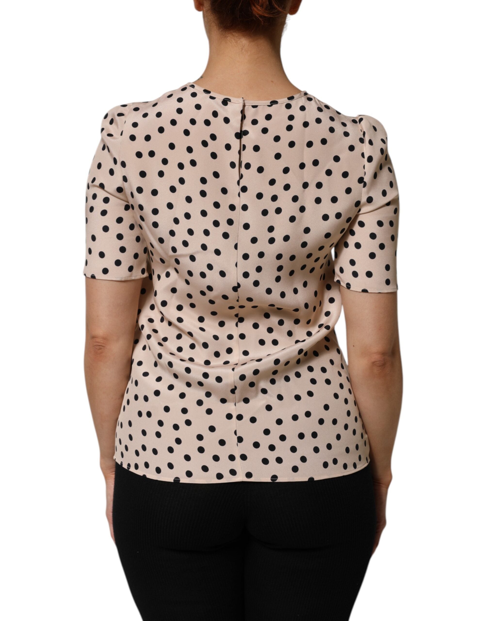 Beige Black Polka Dot Silk Short Sleeve Blouse Top - ventzia