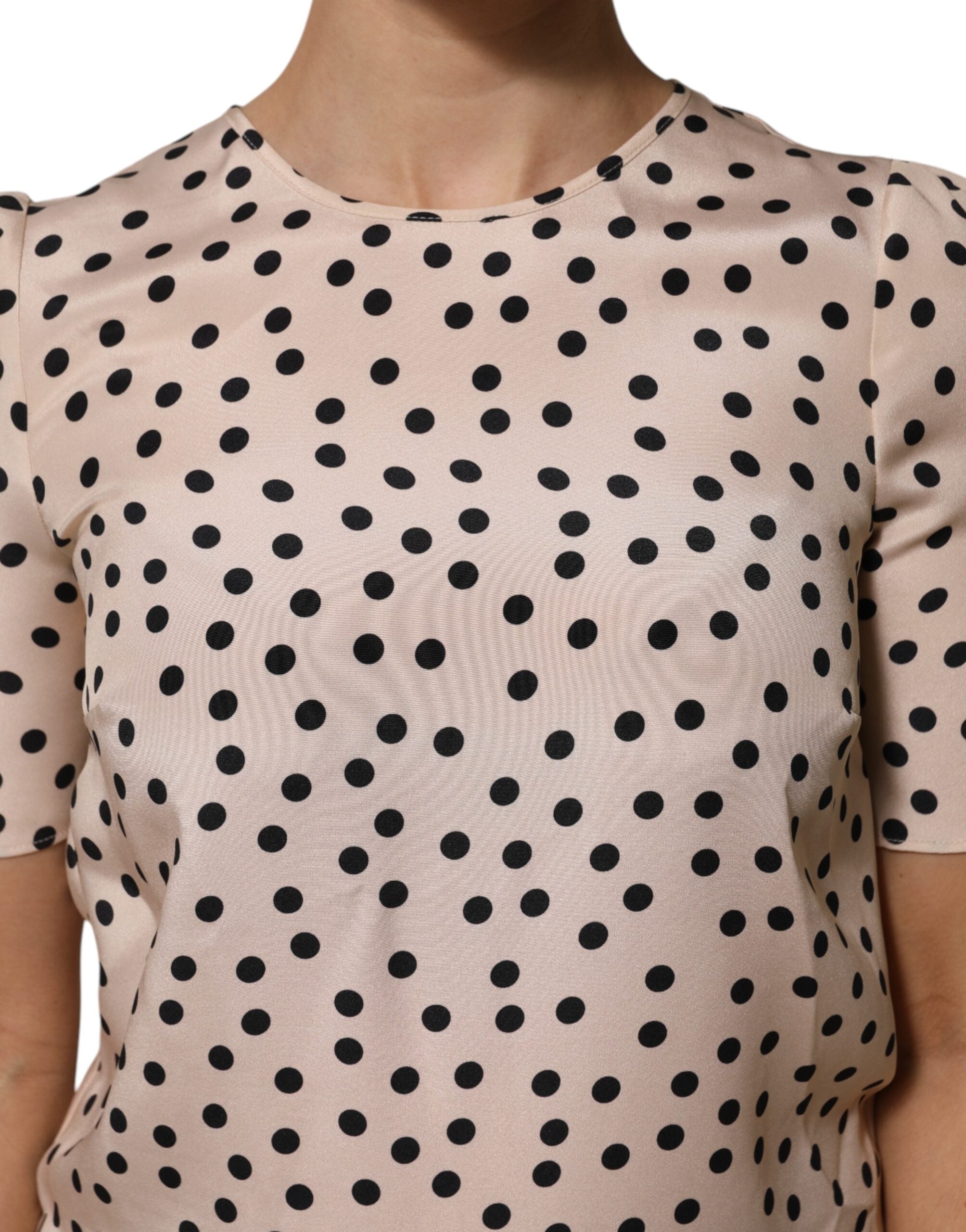 Beige Black Polka Dot Silk Short Sleeve Blouse Top - ventzia
