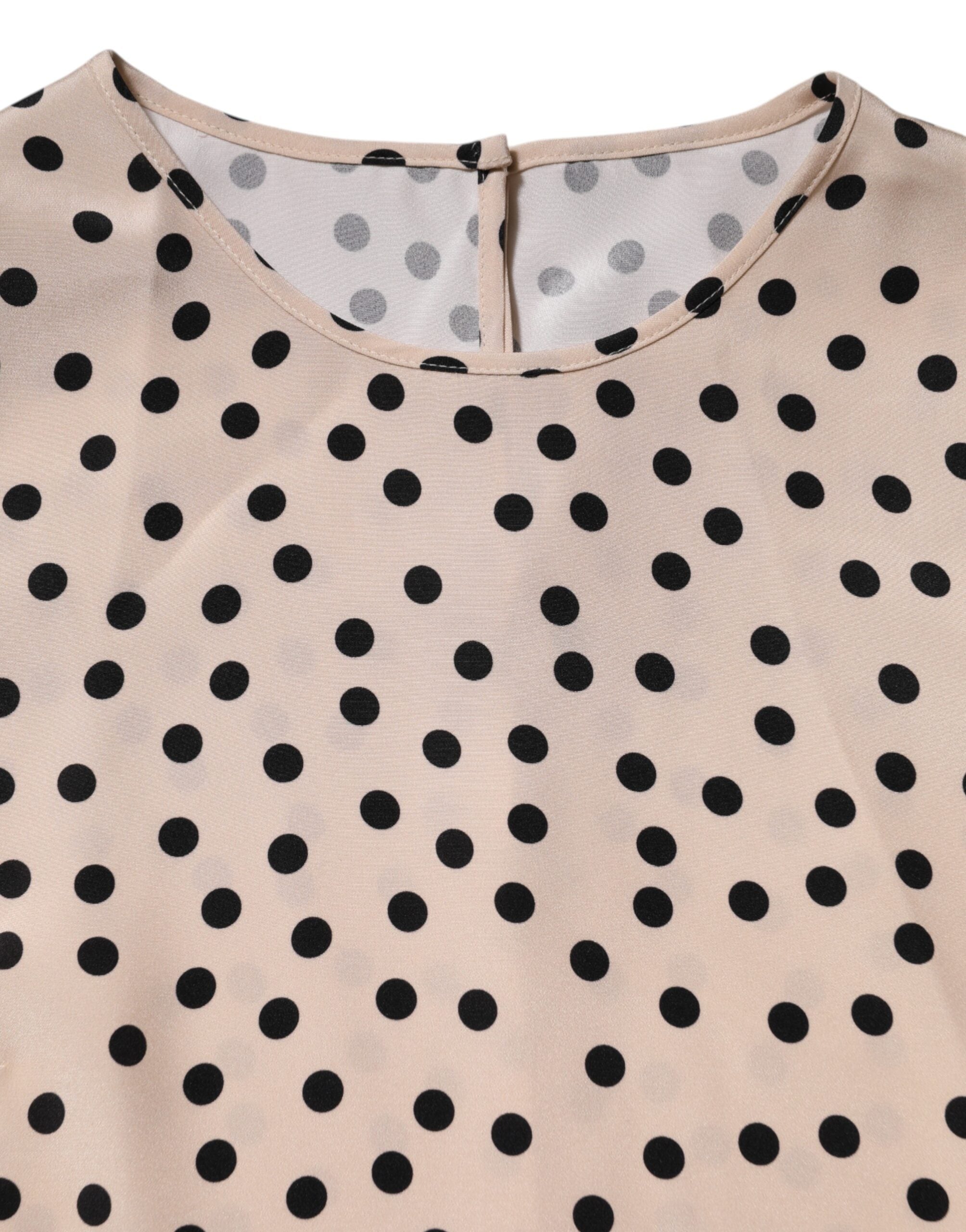 Beige Black Polka Dot Silk Short Sleeve Blouse Top - ventzia