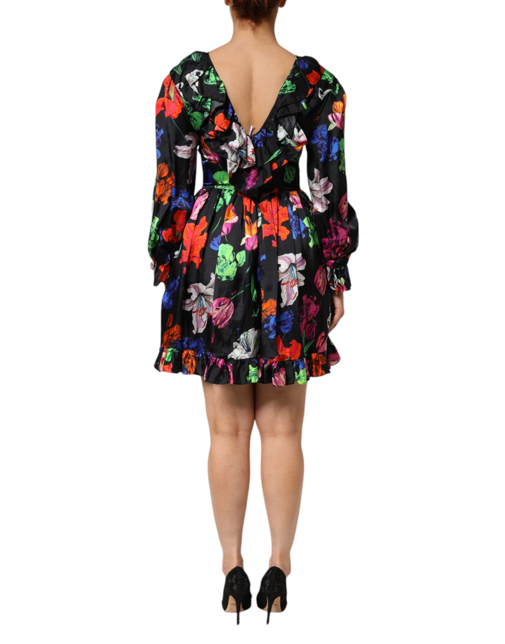 Dress Black Multicolor Floral Ruffle Long Sleeve Mini Dress - ventzia