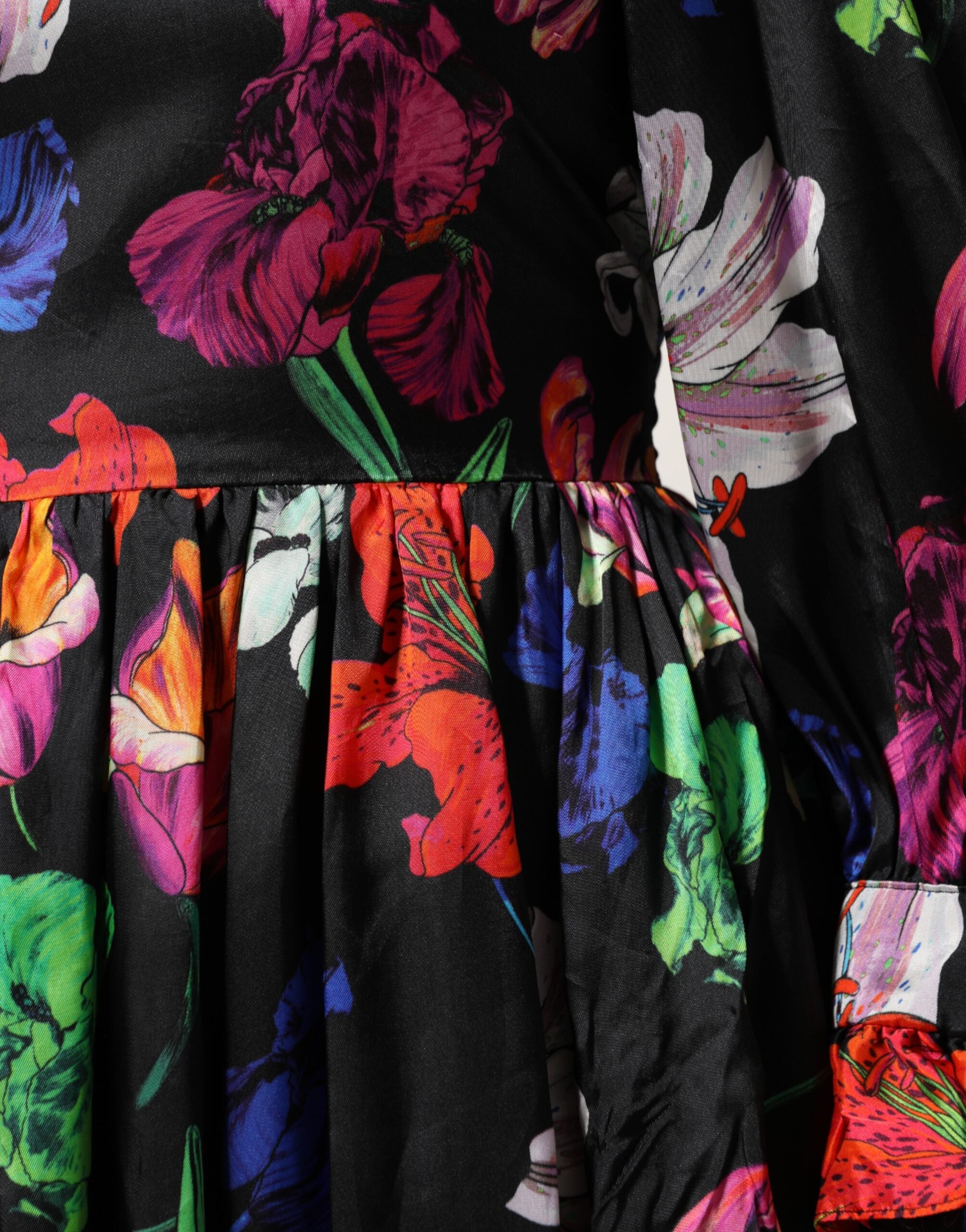 Dress Black Multicolor Floral Ruffle Long Sleeve Mini Dress - ventzia