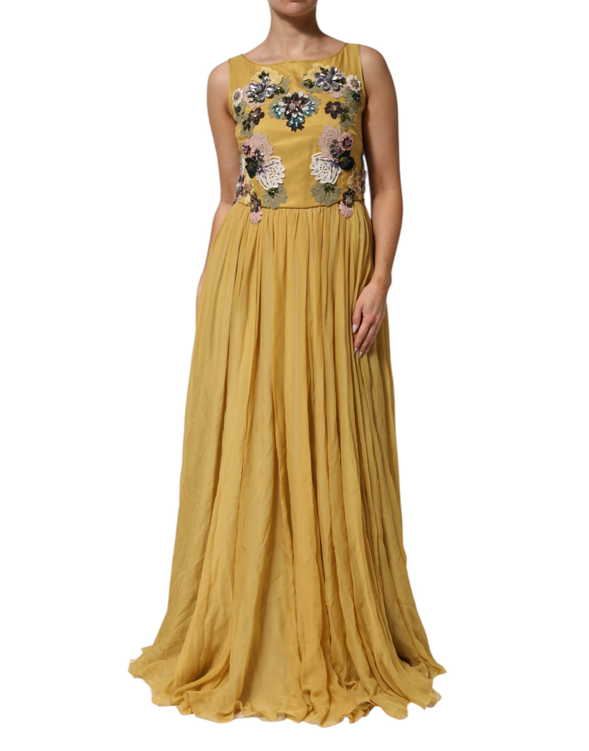 Yellow Silk Floral Embroidered Maxi Dress - ventzia