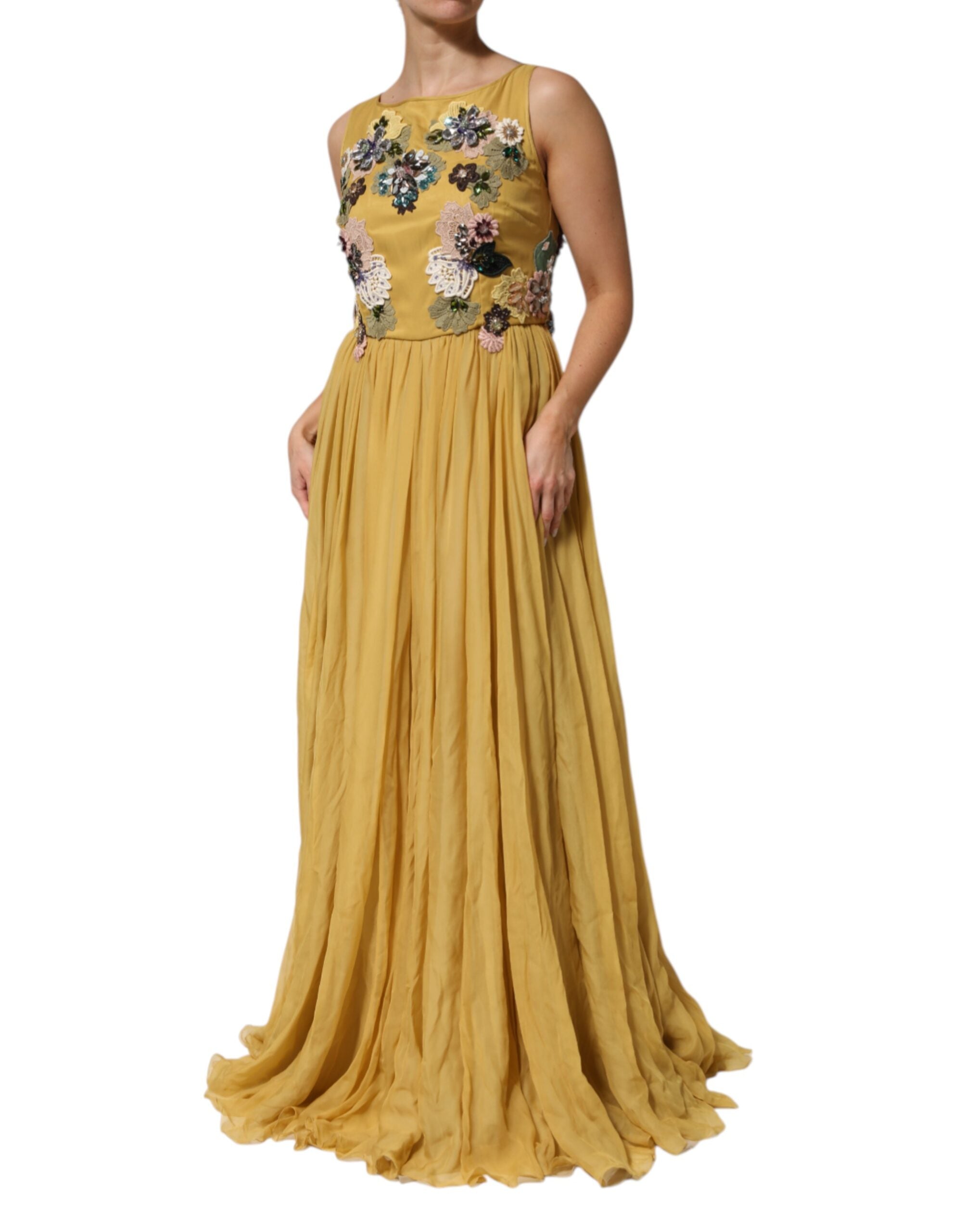 Yellow Silk Floral Embroidered Maxi Dress - ventzia
