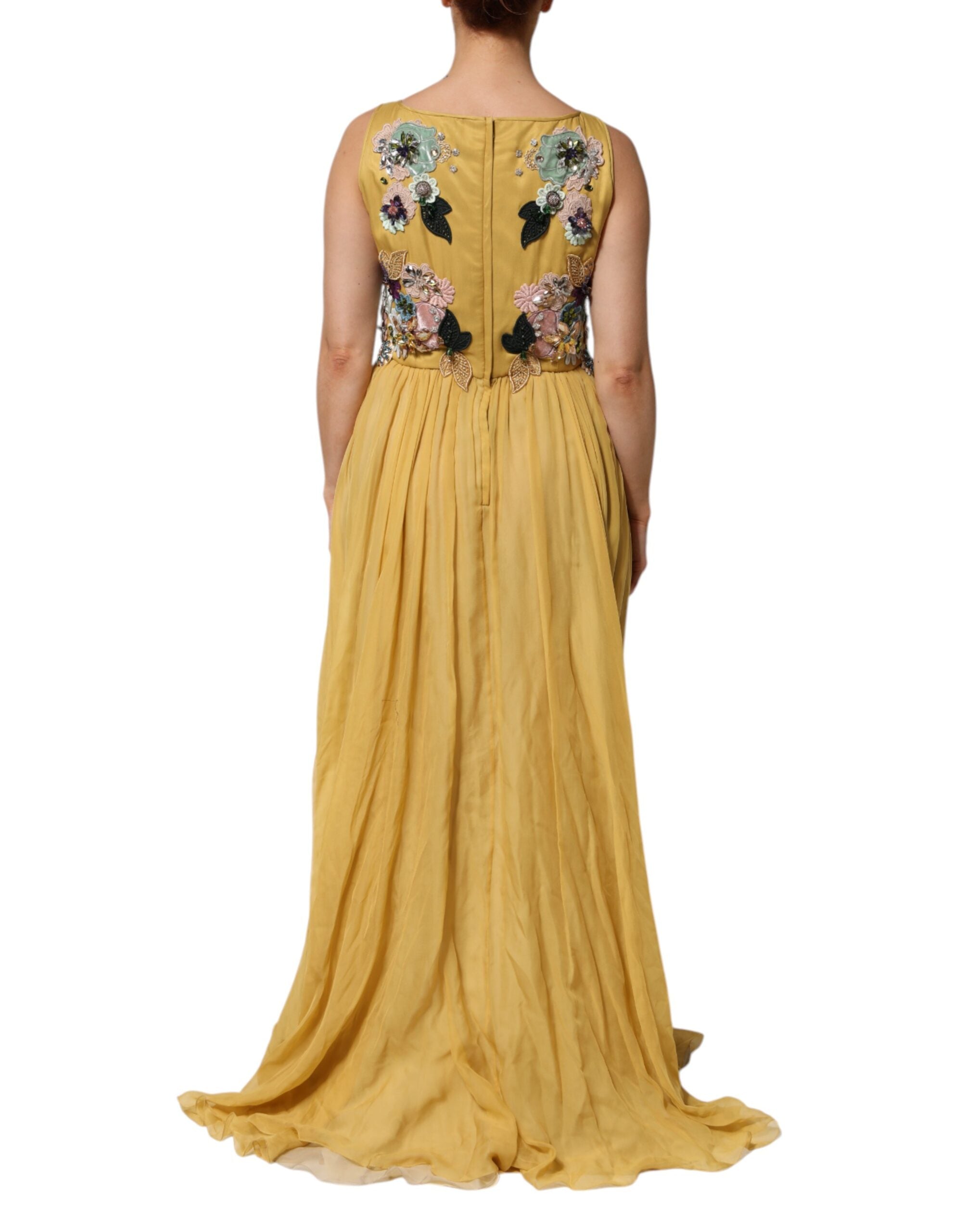 Yellow Silk Floral Embroidered Maxi Dress - ventzia