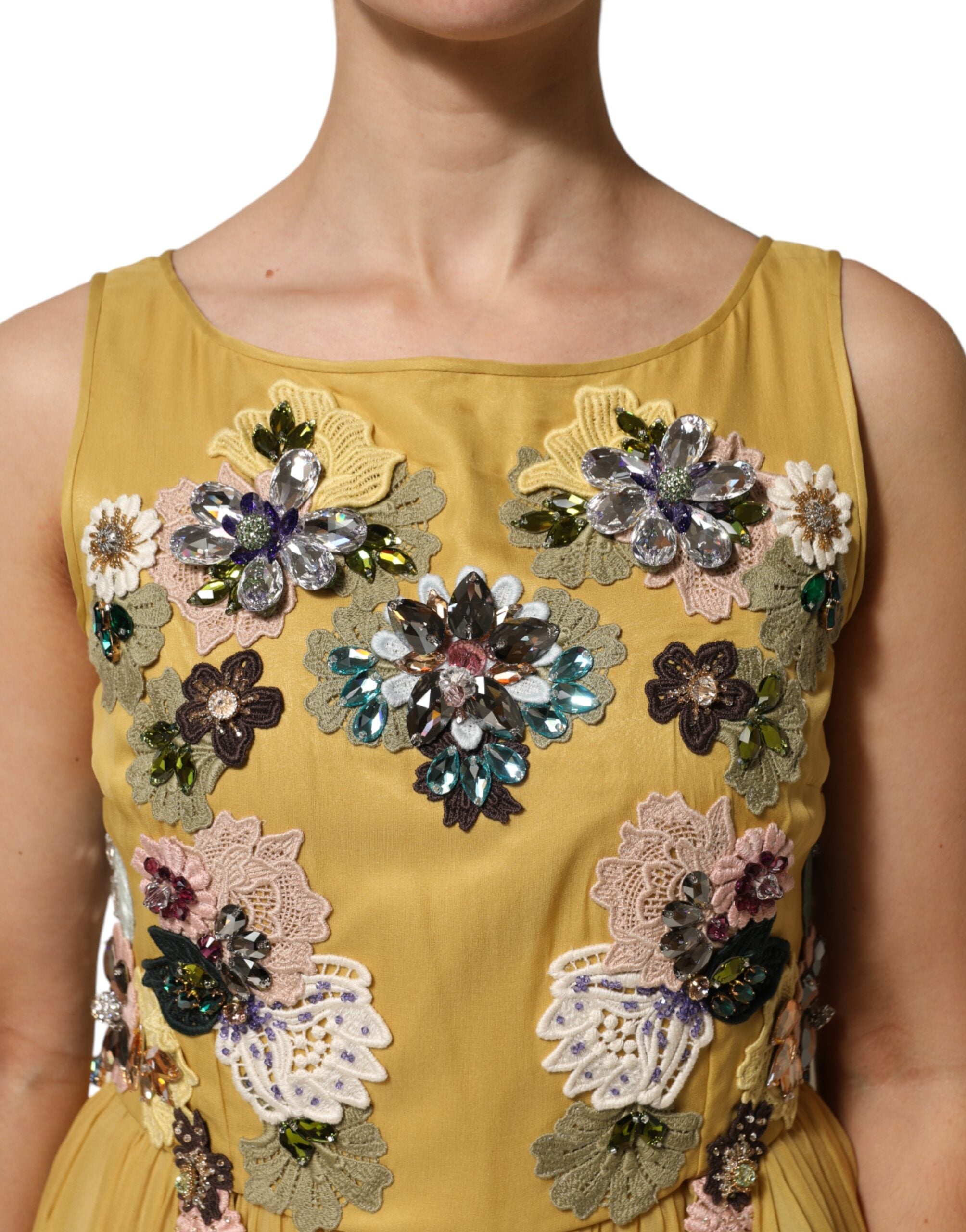 Yellow Silk Floral Embroidered Maxi Dress - ventzia