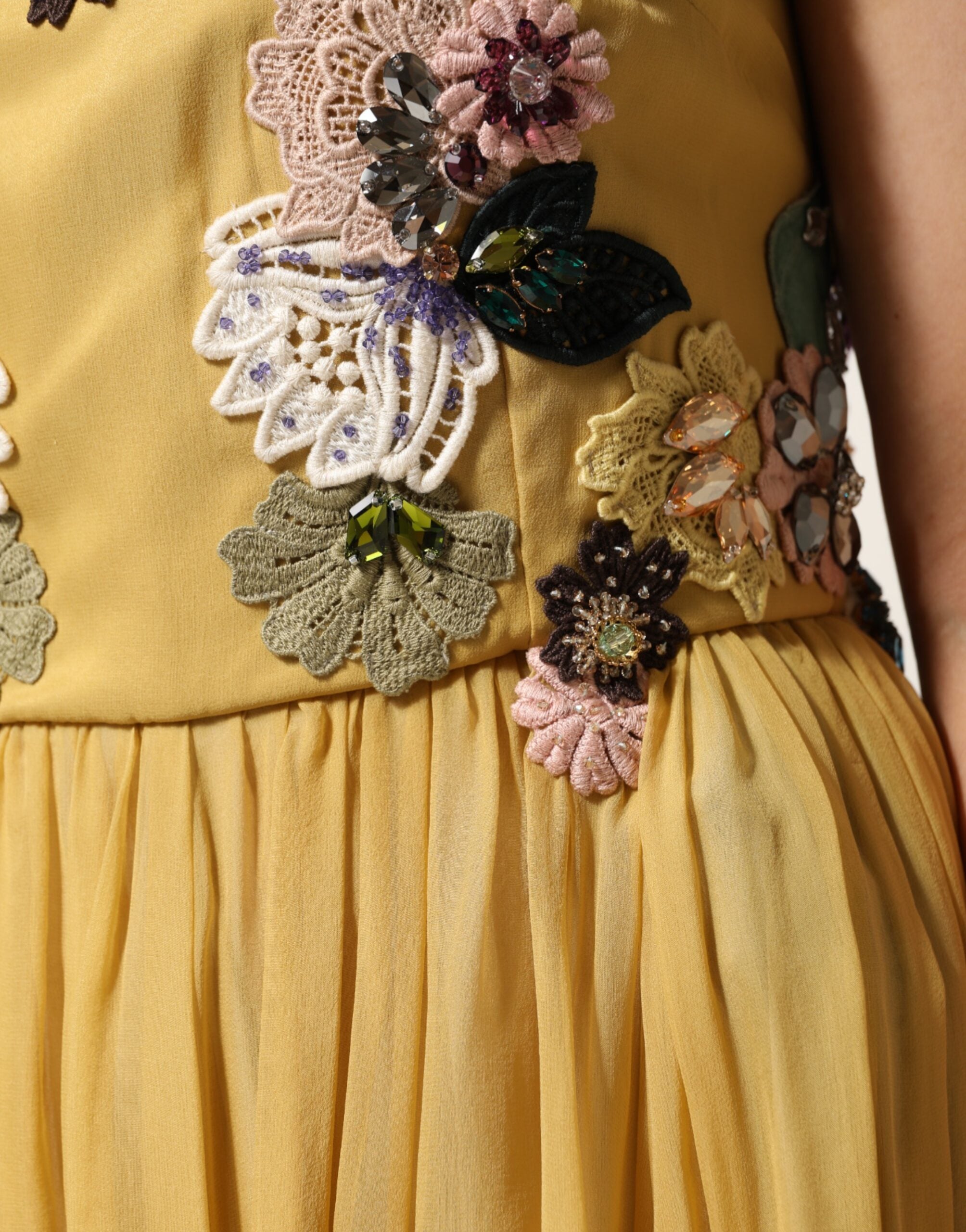 Yellow Silk Floral Embroidered Maxi Dress - ventzia
