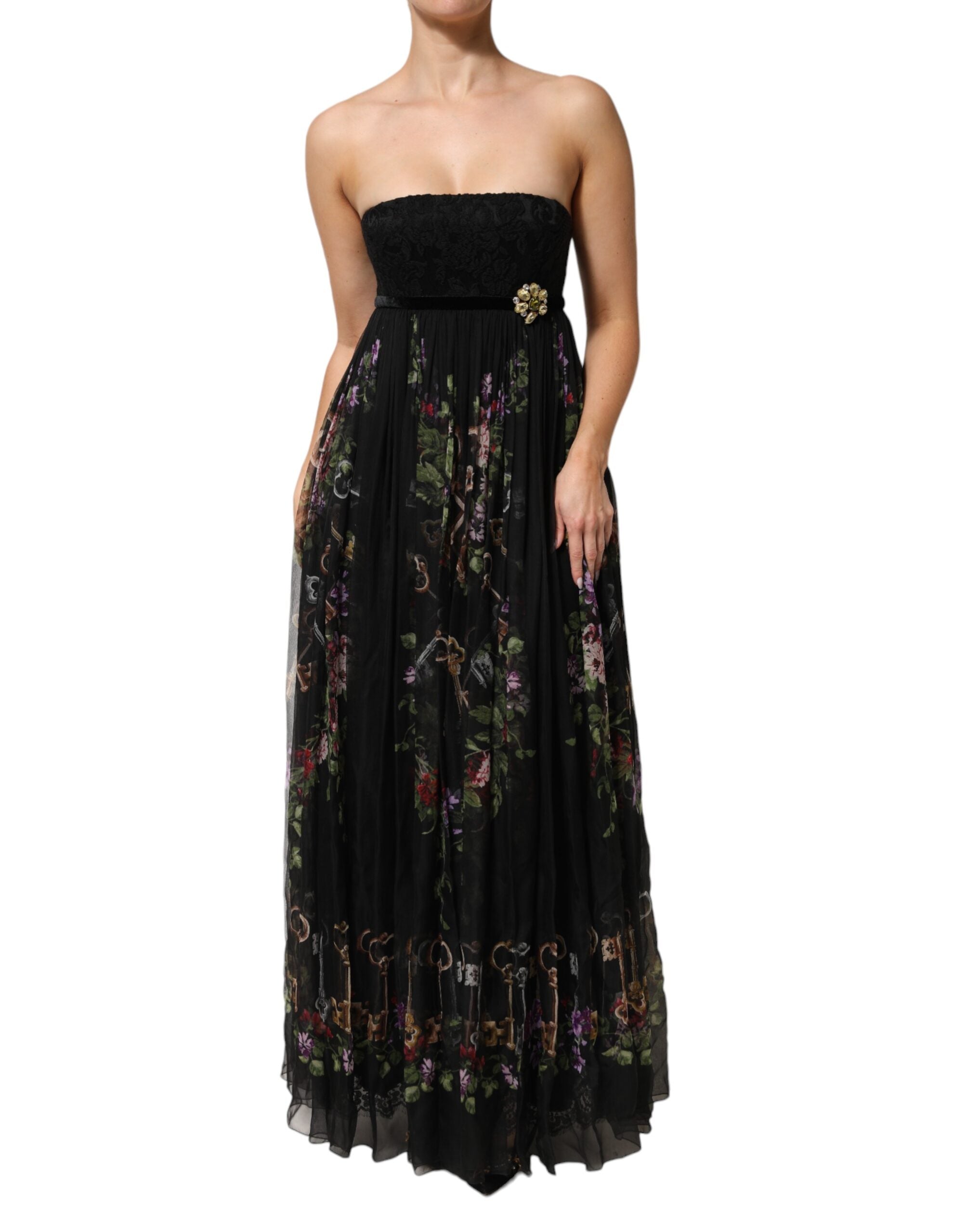Black Floral Key Print Crystal Strapless Dress - ventzia