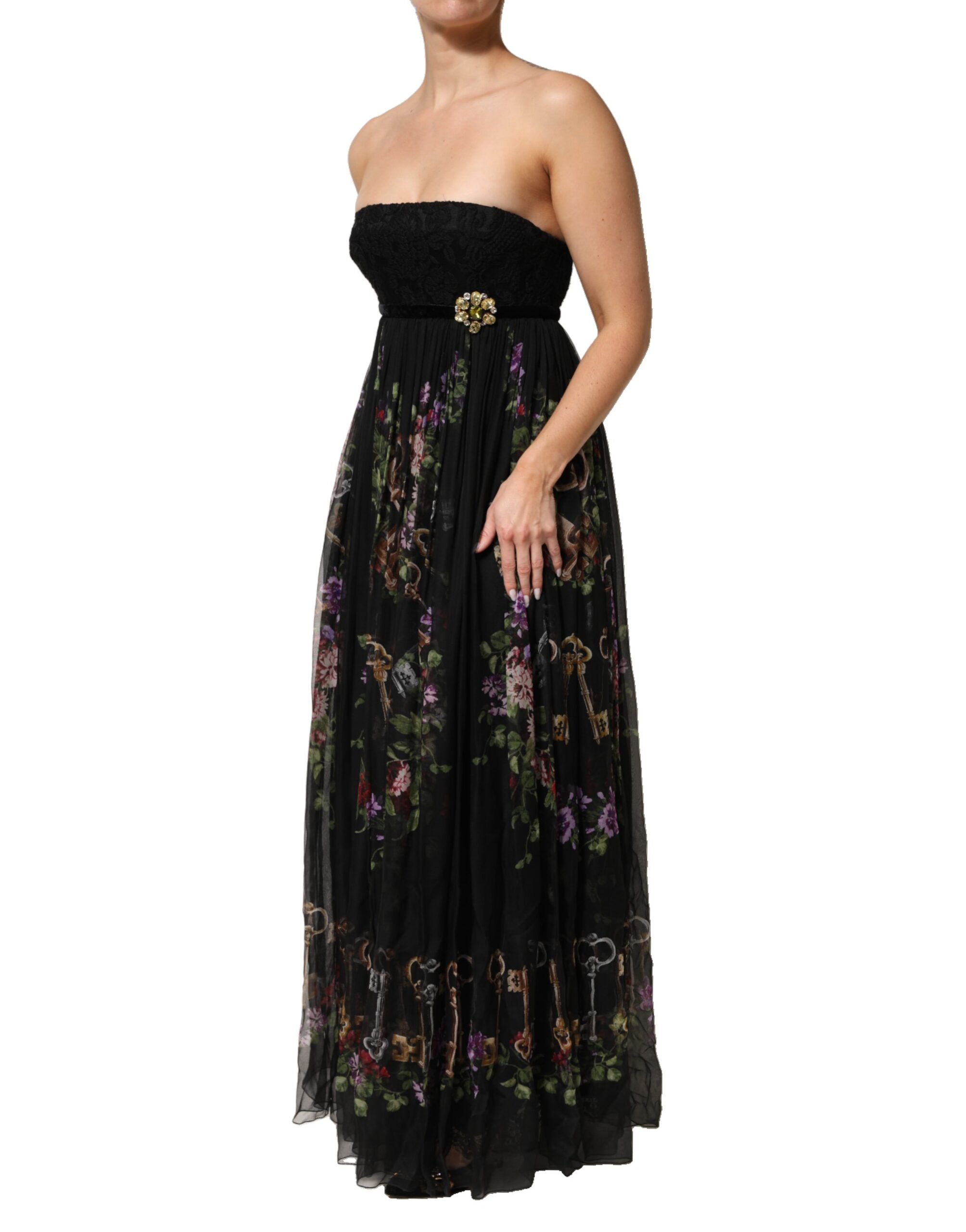Black Floral Key Print Crystal Strapless Dress - ventzia